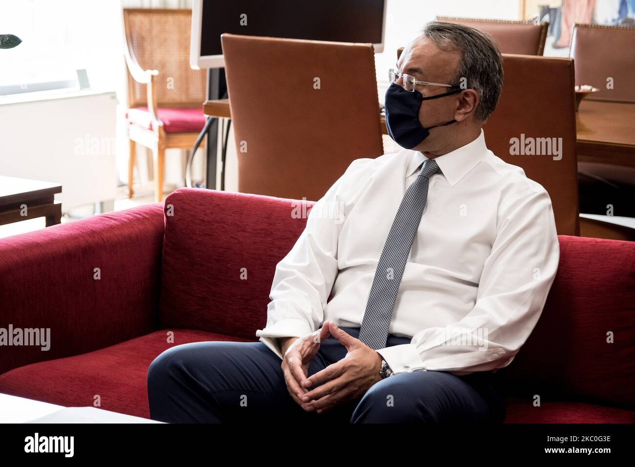 Christos Staikouras, Minister of Finance and member of New Democracy (ND), is speaking on his office, at the Ministry of Finance in Athens, Greece on September 24, 2020. (Photo by Nikolas Kokovlis/NurPhoto) Stock Photo