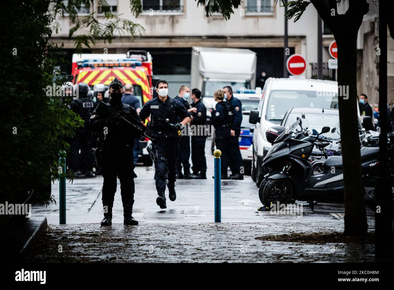 This Friday, September 25, 2020, shortly before noon, a man armed with a knife or a machete attacked people in the rue Nicolas Appart in the 11th arrondissement of Paris, where the former premises of the newspaper Charlie Hebdo are located and where the attacks of January 7, 2015 against the editorial staff took place, causing 2 injuries. The perpetrator of the attack was arrested along with a second man, and a security perimeter was immediately established in the nearby streets. The investigation was referred to the National Anti-Terrorist Prosecutor's Office. (Photo by Samuel Boivin/NurPhoto Stock Photo