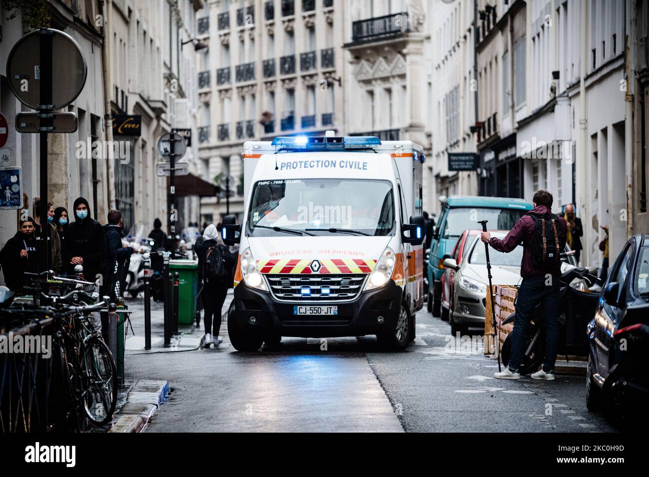 This Friday, September 25, 2020, shortly before noon, a man armed with a knife or a machete attacked people in the rue Nicolas Appart in the 11th arrondissement of Paris, where the former premises of the newspaper Charlie Hebdo are located and where the attacks of January 7, 2015 against the editorial staff took place, causing 2 injuries. The perpetrator of the attack was arrested along with a second man, and a security perimeter was immediately established in the nearby streets. The investigation was referred to the National Anti-Terrorist Prosecutor's Office. (Photo by Samuel Boivin/NurPhoto Stock Photo