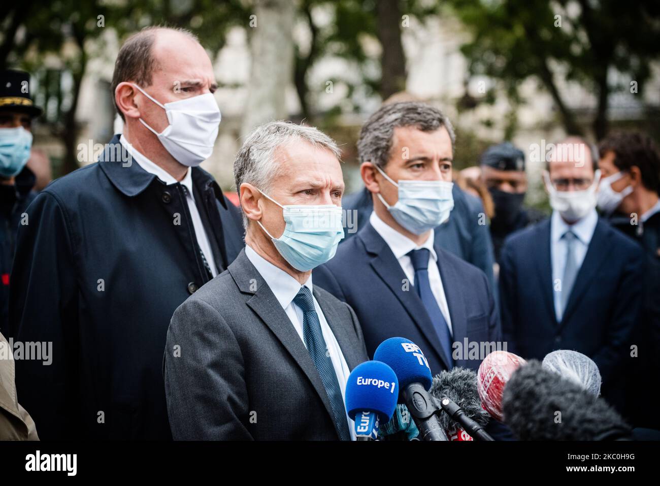 Jean-François Ricard, anti-terrorist prosecutor, Prime Minister Jean Castex and Interior Minister Gérald Darmanin at a press conference in Paris, France, on September 25, 2020, when shortly before noon a man armed with a knife or machete attacked people in the rue Nicolas Appart in the 11th arrondissement of Paris where the former premises of the newspaper Charlie Hebdo are located and where the attacks of January 7, 2015 against the newspaper's editorial staff took place, leaving two people injured. The perpetrator of the attack was arrested along with a second man, and a security perimeter w Stock Photo