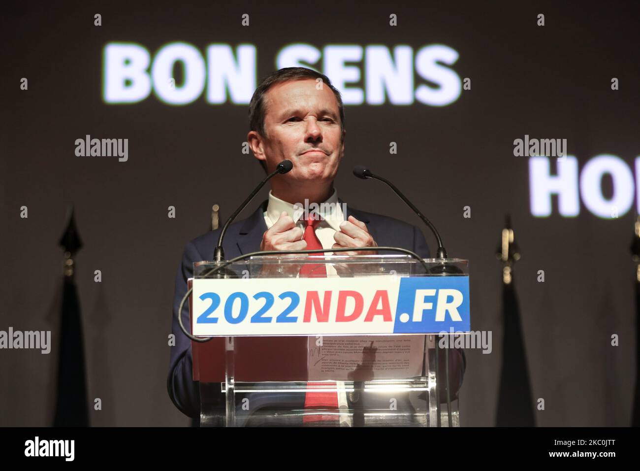 Head of 'Debout la France' far-right party Nicolas Dupont-Aignan delivers a speech during a meeting marking the start of the political year, on September 26, 2020 in Paris, France. (Photo by Michel Stoupak/NurPhoto) Stock Photo