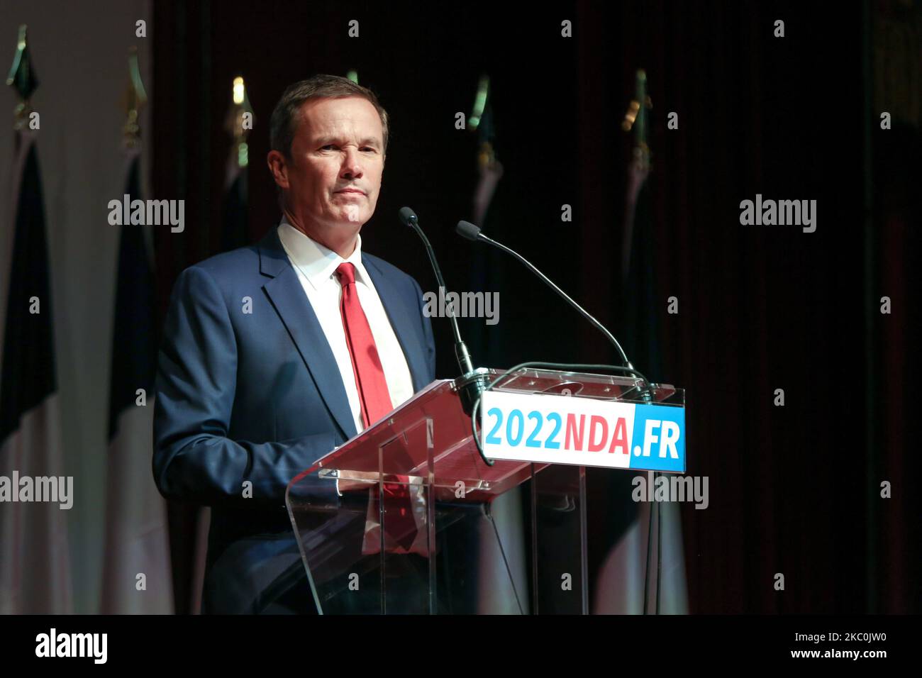 Head of "Debout la France" far-right party Nicolas Dupont-Aignan delivers a speech during a meeting marking the start of the political year, on September 26, 2020 in Paris, France. (Photo by Michel Stoupak/NurPhoto) Stock Photo