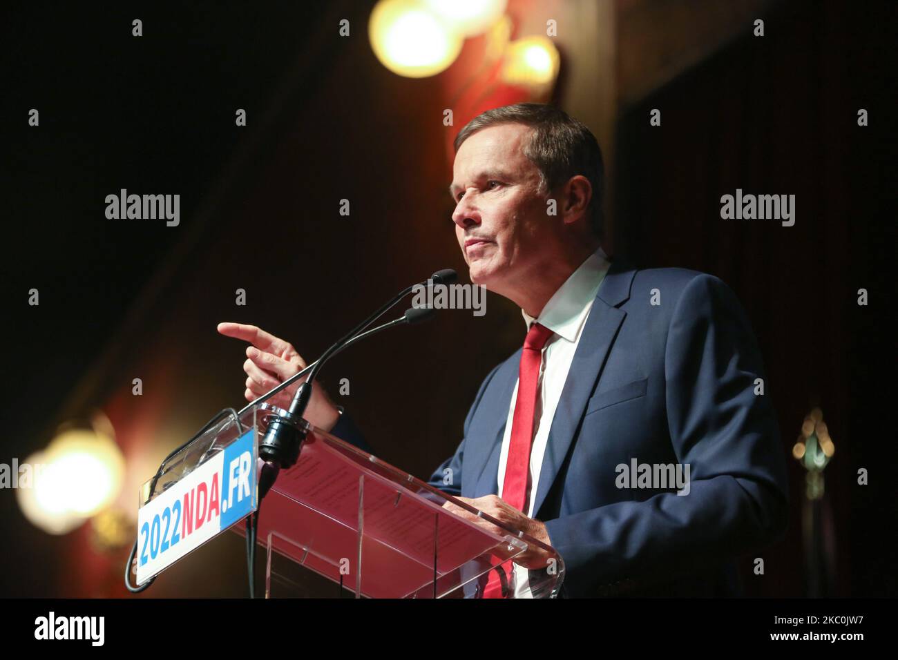 Head of 'Debout la France' far-right party Nicolas Dupont-Aignan delivers a speech during a meeting marking the start of the political year, on September 26, 2020 in Paris, France. (Photo by Michel Stoupak/NurPhoto) Stock Photo