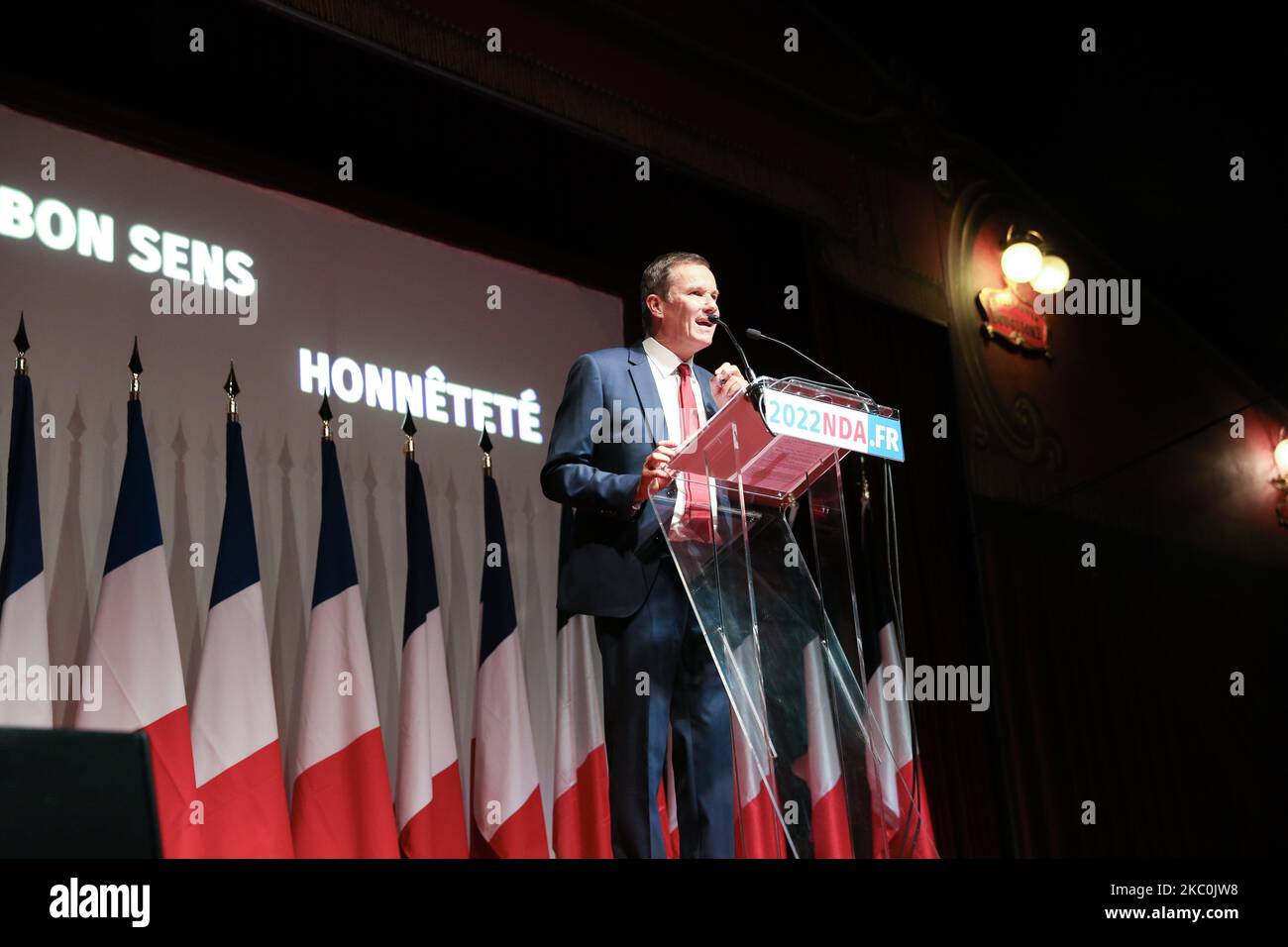 Head of "Debout la France" far-right party Nicolas Dupont-Aignan delivers a speech during a meeting marking the start of the political year, on September 26, 2020 in Paris, France. (Photo by Michel Stoupak/NurPhoto) Stock Photo