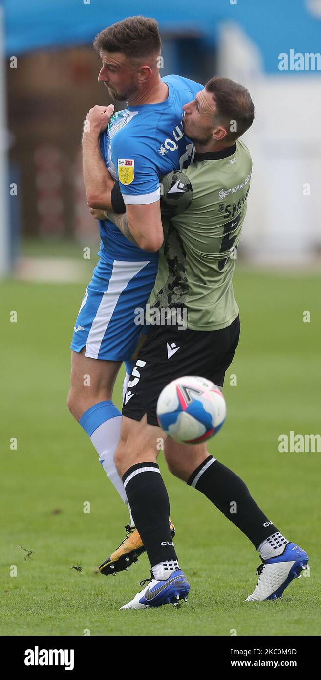 Barrow's Scott Quigley and Colchester United's Tommy Smith during the Sky Bet League 2 match between Barrow and Colchester United at the Holker Street, Barrow-in-Furness, England, on September 26, 2020. (Photo by Mark Fletcher MI News/NurPhoto) Stock Photo