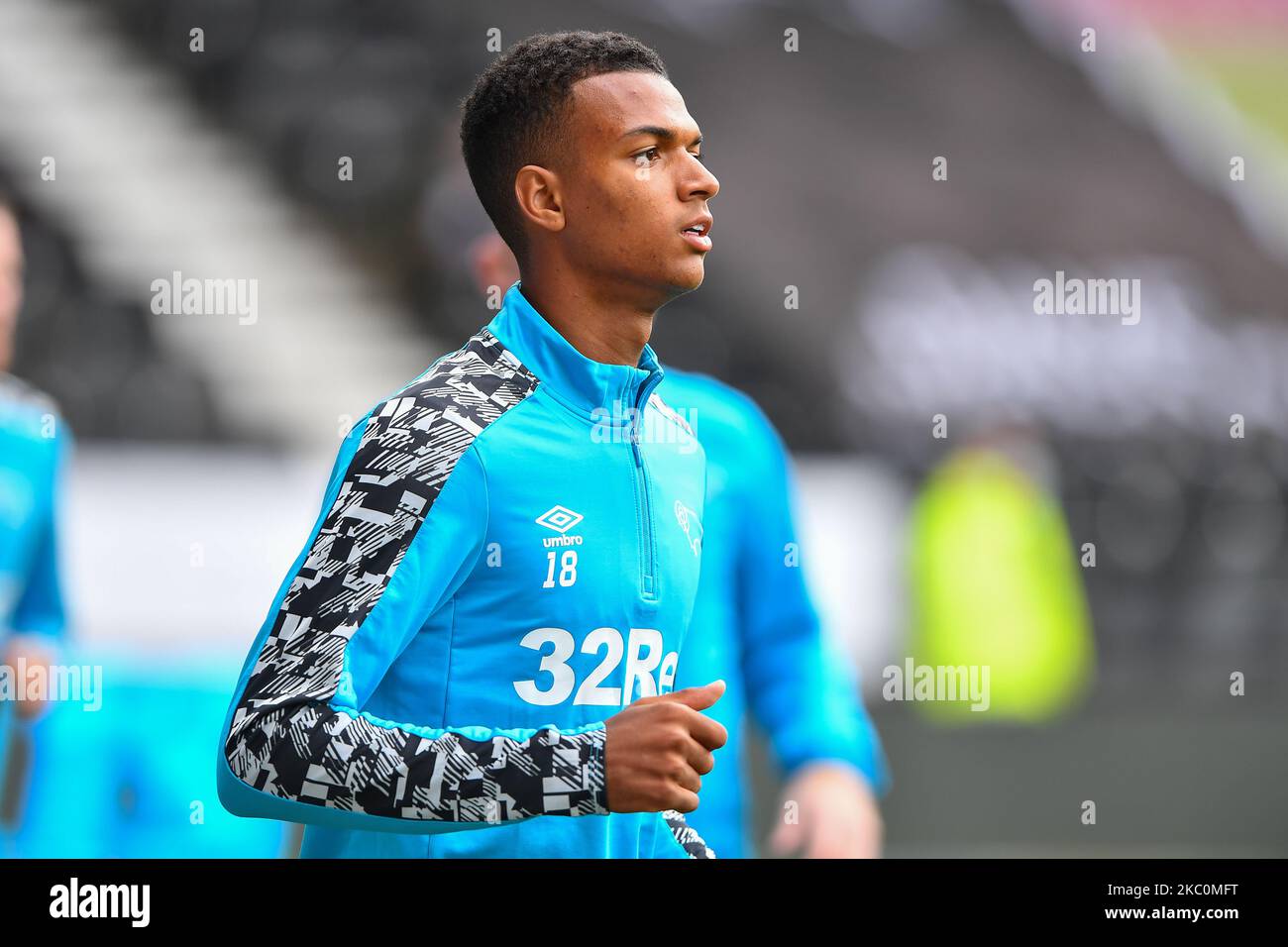 Morgan Whittaker of Derby County warms up ahead of kick-off during the Sky Bet Championship match between Derby County and Blackburn Rovers at the Pride Park, DerbyDerby, England on 26th September 2020. (Photo by Jon Hobley/MI News/NurPhoto) Stock Photo