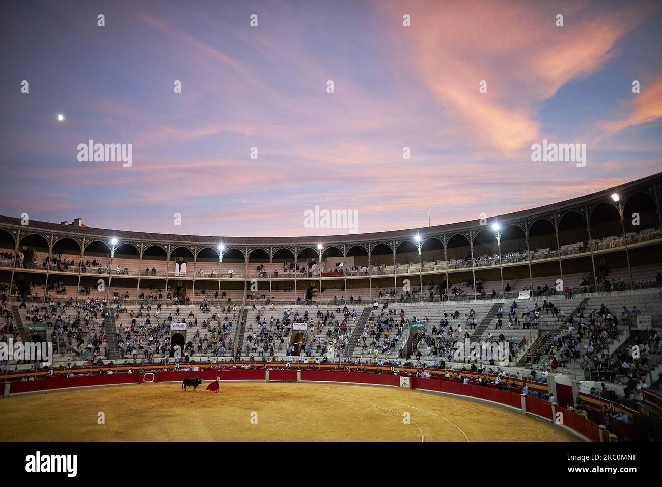 General view of the Granada bullring at sunset during the Virgen de las