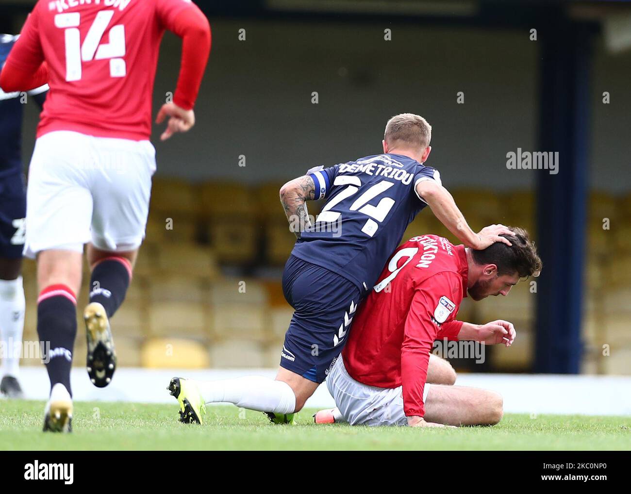 Jason Demetriou of Southend United hitting Cole Stockton of Morecambe during the Sky Bet League 2 match between Southend United and Morecambe at Roots Hall, Southend, England on 26th September 2020. (Photo by Jacques Feeney/MI News/NurPhoto) Stock Photo