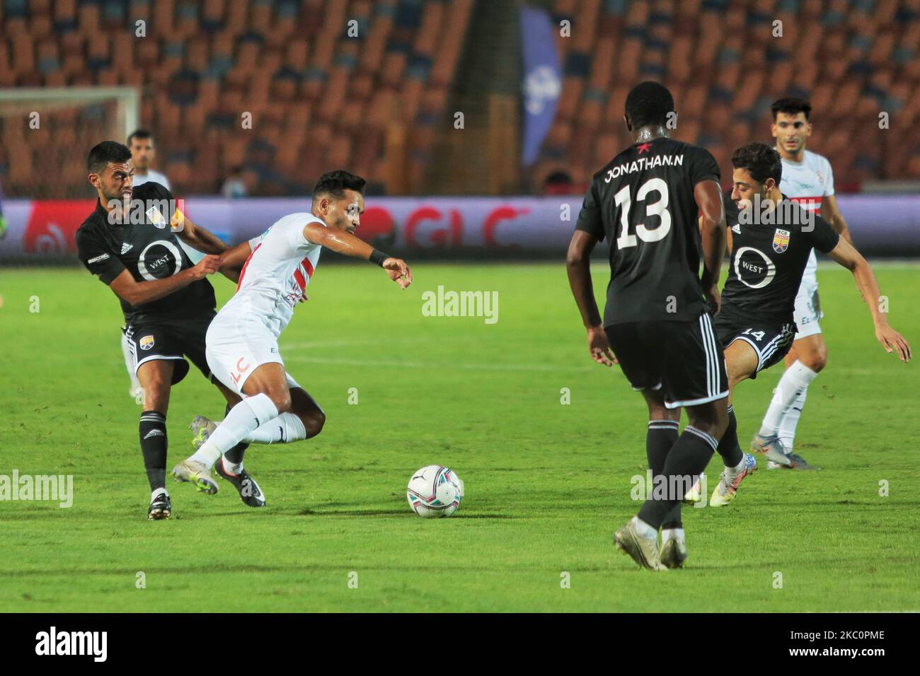 Zamalek player Youssef Ibrahim Obama in action against ElGouna FC player during the Egyptian Premier League soccer match between Zamalek and El Gouna FC at Cairo Stadium, in Cairo, Egypt, 27 September 2020 (Photo by Ziad Ahmed/NurPhoto) Stock Photo