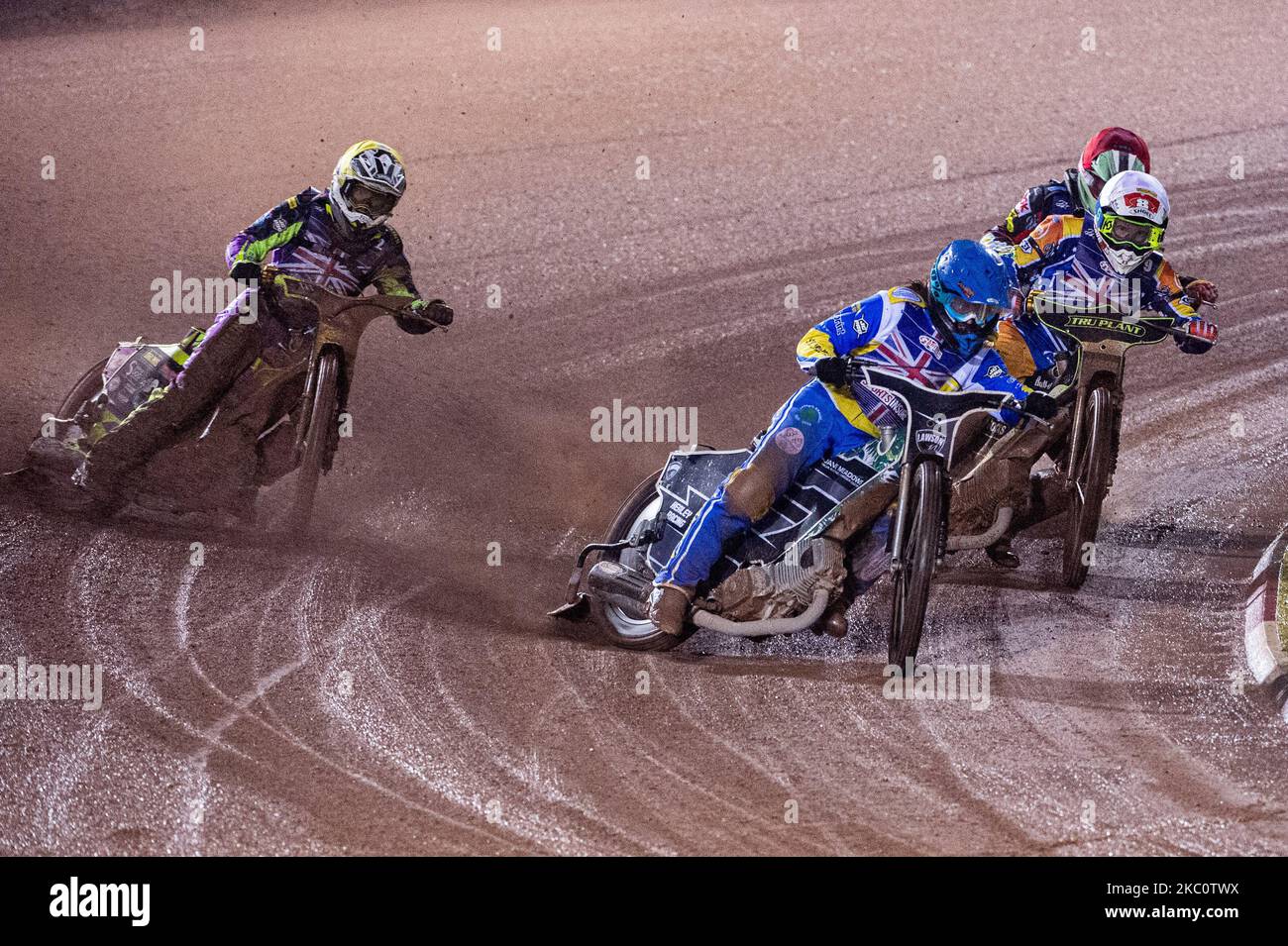 Richard Lawson (Blue) leads Tom Brennan (Yellow) Jason Crump (White) and Joe Thompson (Red) during the British Speedway Championship at the National Speedway Stadium, Manchester, England on September 28, 2020. (Photo by Ian Charles/MI News/NurPhoto) Stock Photo