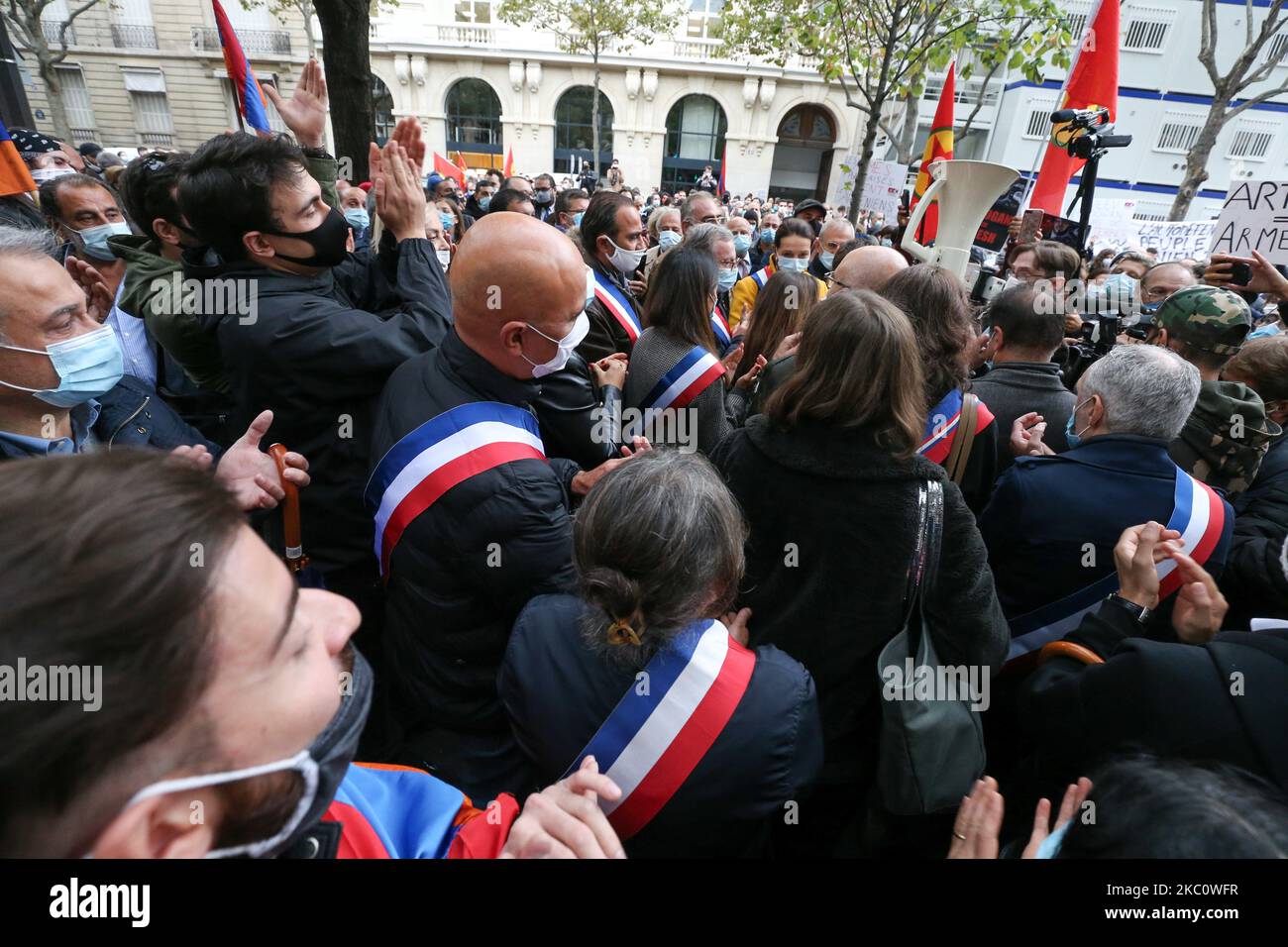 French elected representatives take part in a demonstration of Armenians in front of the Azerbaijan ambassy in Paris, France, on September 29, 2020 against the Azerbayan attacks on Nagorno Karabakh. (Photo by Michel Stoupak/NurPhoto) Stock Photo