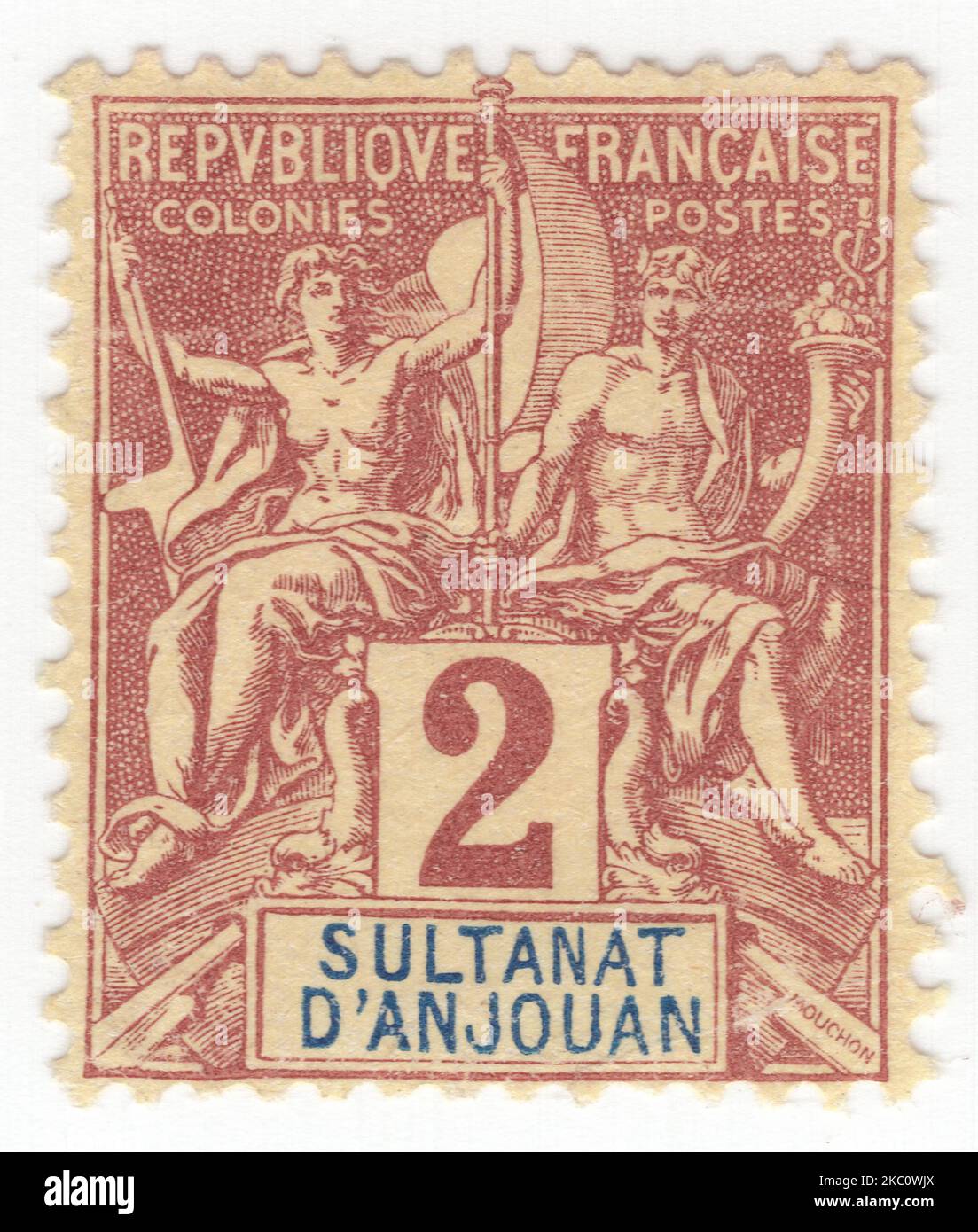 ANJOUAN - 1892: an 2 centimes brown on buff postage stamp  depicting allegory 'Type Sage' (also referred to as 'Peace and Commerce'), designed by Jules Auguste Sage. Name of Colony in Carmine Stock Photo