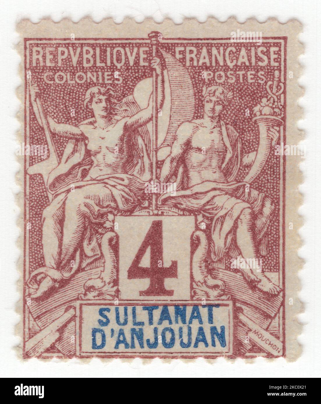 ANJOUAN - 1892: an 4 centimes claret on lavender postage stamp  depicting allegory 'Type Sage' (also referred to as 'Peace and Commerce'), designed by Jules Auguste Sage. Name of Colony in Carmine Stock Photo