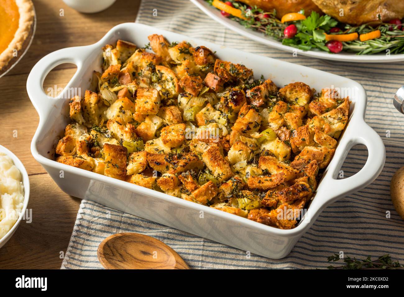 Homemade Thanksgiving Stuffing Dressing Casserole with Thyme and Sage