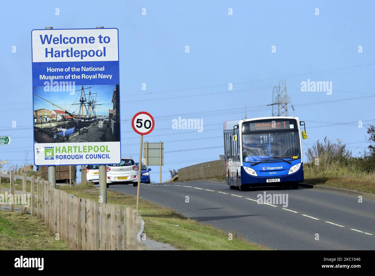 Welcome to Hartlepool sign in Hartlepool, County Durham, England on October 1, 2020. The town has today been placed into a localised lockdown by the UK Government in response to an exponential rise COVID-19 cases. (Photo by Tom Collins/MI News/NurPhoto) Stock Photo