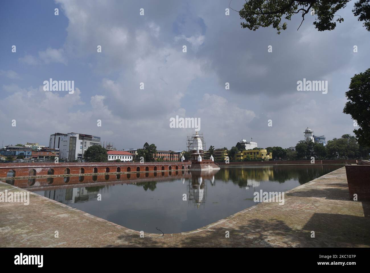 A View of Rani Pokhari after installing pinnacle on the top of Bal Gopaleshwar temple after the reconstruction at Kathmandu, Nepal on Thursday, October 1, 2020. The temple which destroyed during 2015 earthquake and recently rebuilt in the original Malla-era Shikar style. (Photo by Narayan Maharjan/NurPhoto) Stock Photo