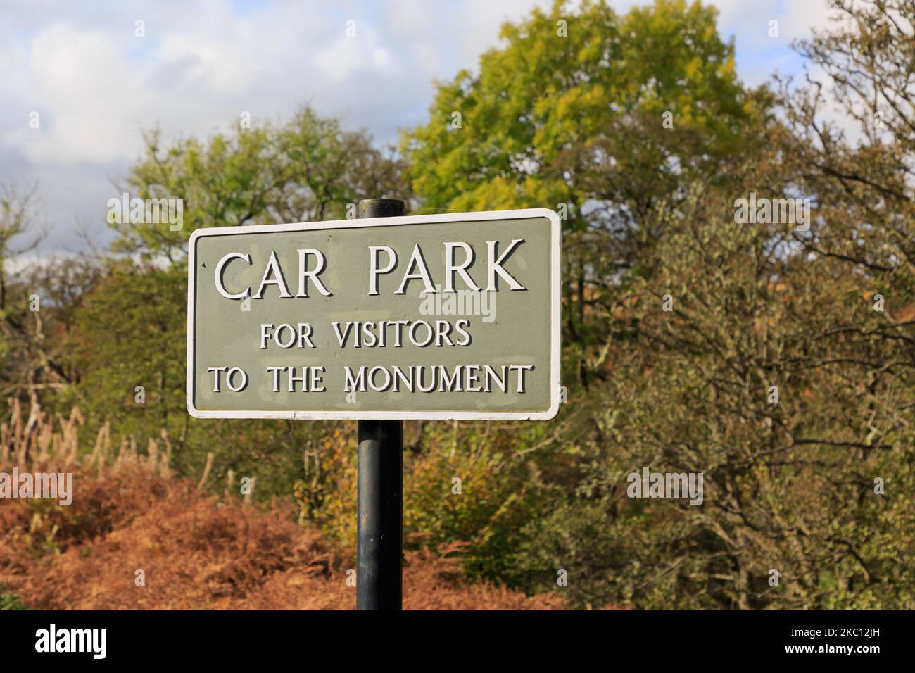 Car park sign for visitors to the monument fitted to a metal poll Stock Photo