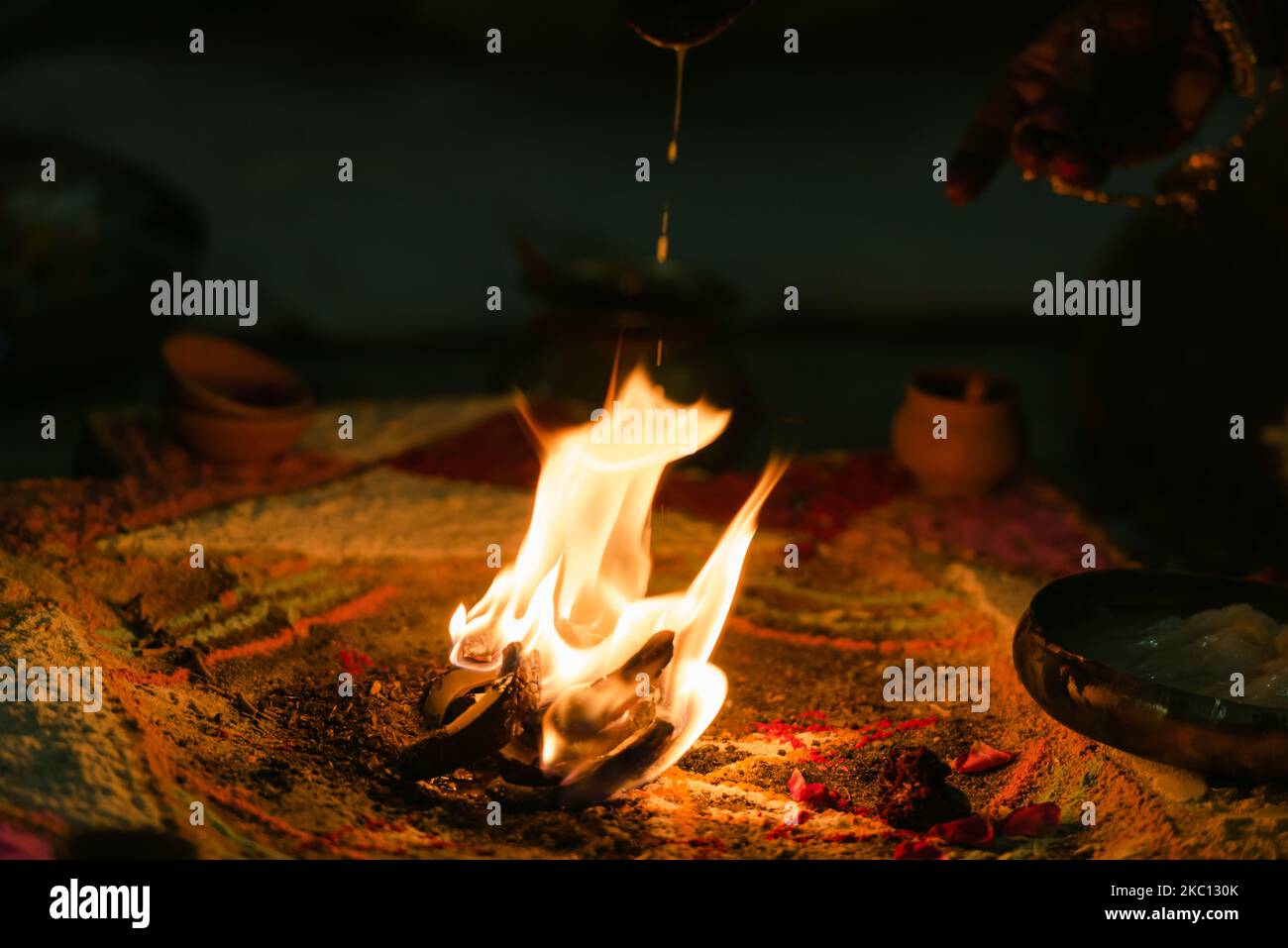 items for the Indian Yajna ritual. Indian Vedic fire ceremony called Pooja. A ritual rite, for