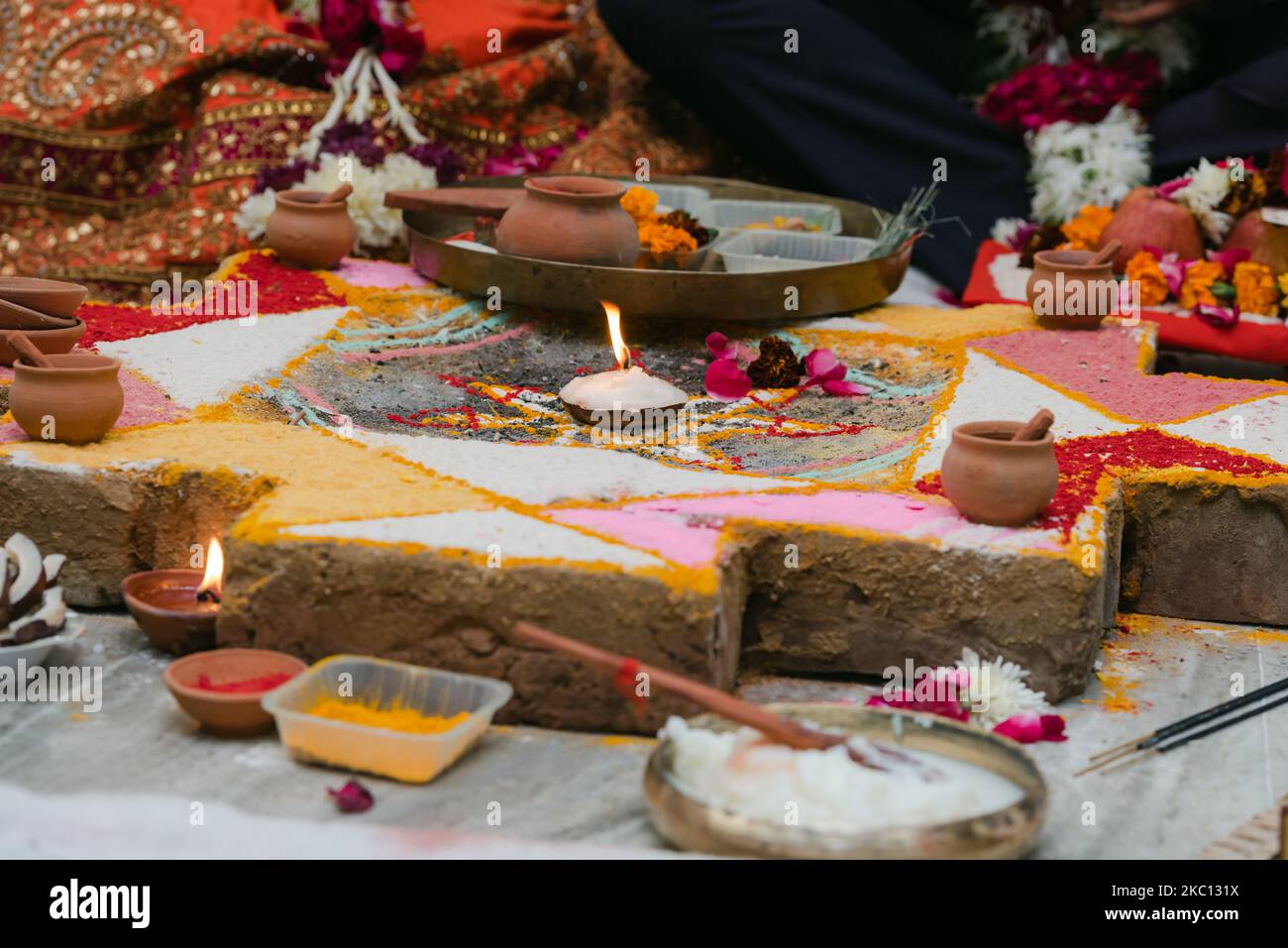 items for the Indian Yajna ritual. Indian Vedic fire ceremony called Pooja. A ritual rite, for many religious and cultural holidays Stock Photo