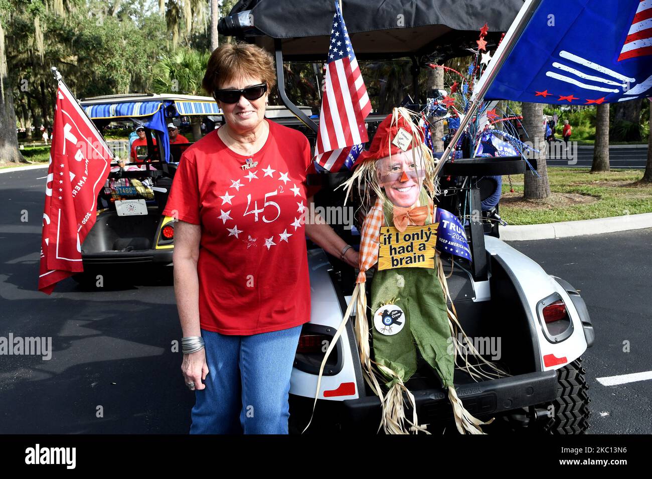 Sheila Valastro poses with her Joe Biden scarecrow while waiting to participate in a golf cart parade in support of the re-election of U.S. President Donald Trump on October 3, 2020 in The Villages, Florida, a retirement community north of Orlando. Trump was admitted to Walter Reed National Military Medical Center yesterday after contracting COVID-19. (Photo by Paul Hennessy/NurPhoto) Stock Photo