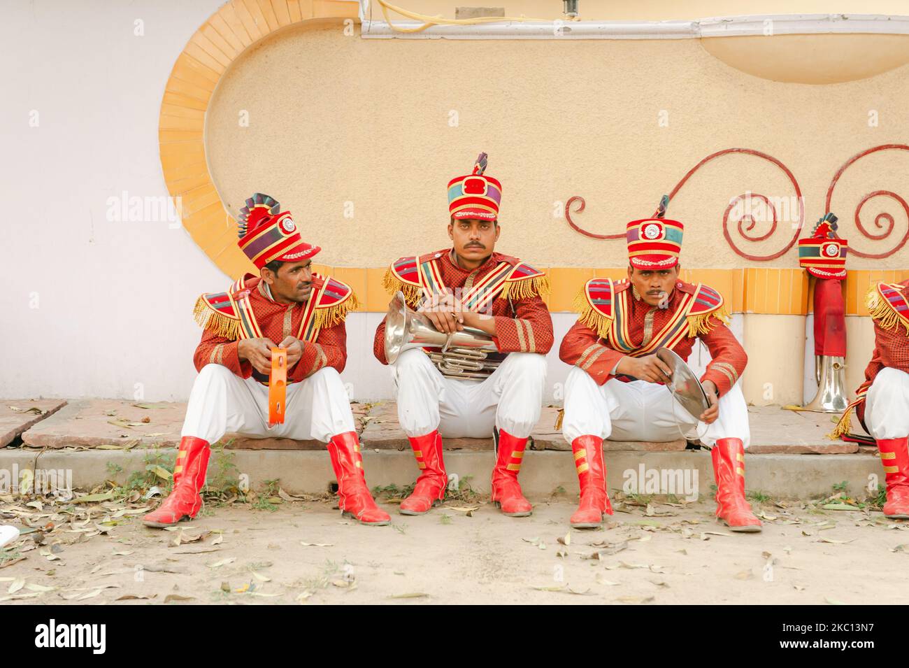 Indian wedding band musicians practicing their daily music routine