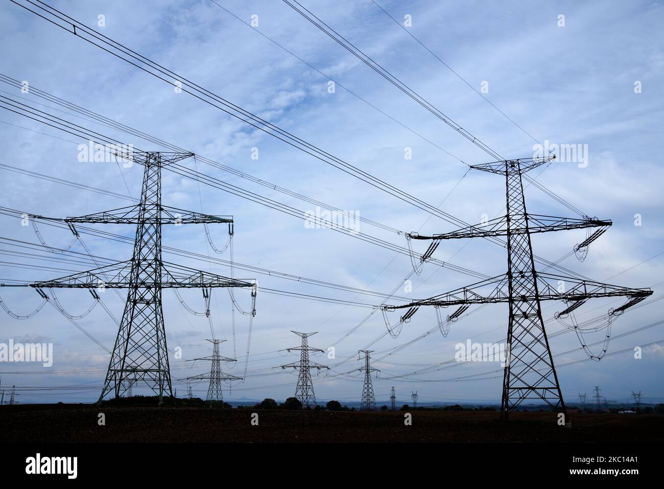 High-voltage power line,symbol image, energy crisis, overhead power lines,Kadan,Czech Republic Stock Photo