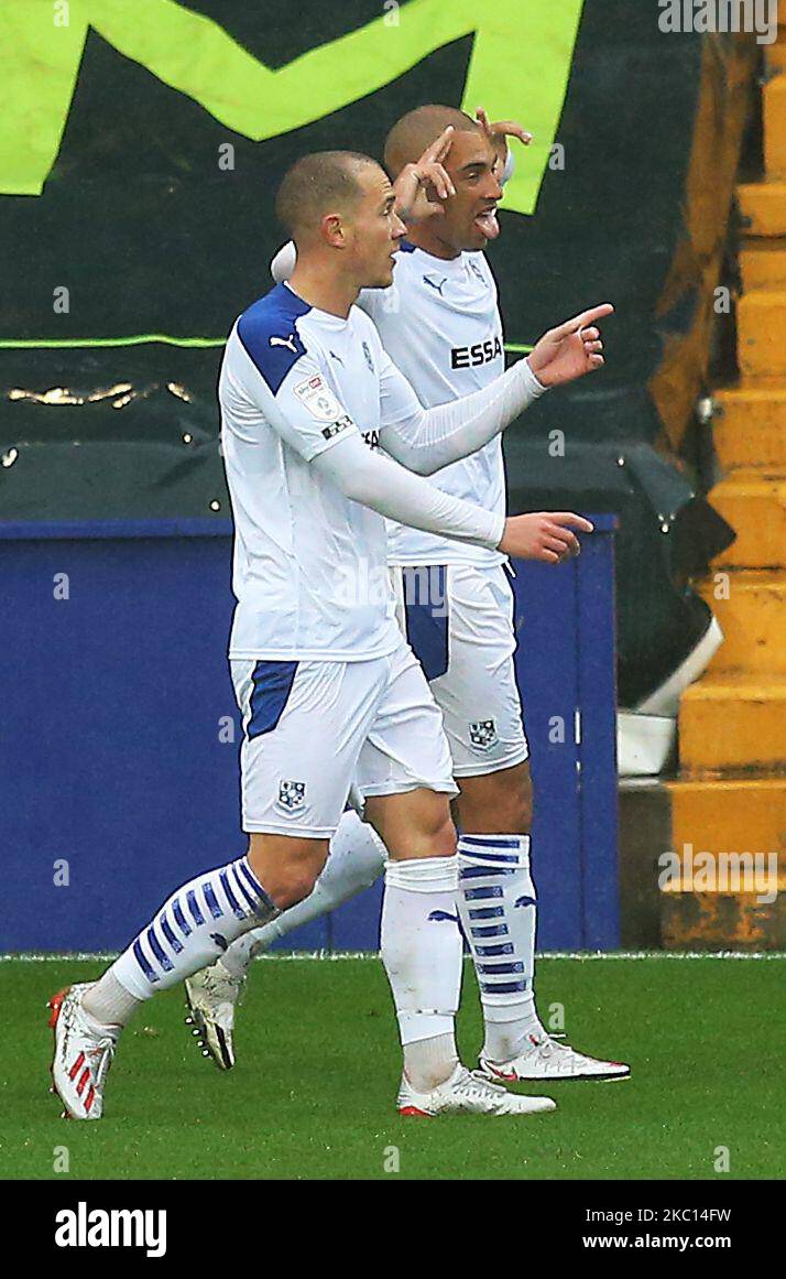 James Vaughan of Tranmere Rovers celebrates after scoring during the Sky Bet League 2 match between Tranmere Rovers and Scunthorpe United at Prenton Park, Birkenhead on Saturday 3rd October 2020. (Photo by Chris Donnelly/MI News/NurPhoto) Stock Photo
