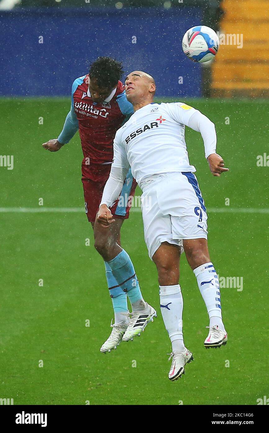 Scunthorpes Jacob Bedeu battles with Tranmeres James Vaughan during the Sky Bet League 2 match between Tranmere Rovers and Scunthorpe United at Prenton Park, Birkenhead on Saturday 3rd October 2020. (Photo by Chris Donnelly/MI News/NurPhoto) Stock Photo