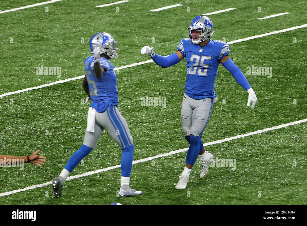Detroit Lions safety Miles Killebrew (35) is congratulated by Detroit Lions free safety Will Harris (25) after a play during the first half of an NFL football game against the New Orleans Saints in Detroit, Michigan USA, on Sunday, October 4, 2020. (Photo by Amy Lemus/NurPhoto) Stock Photo