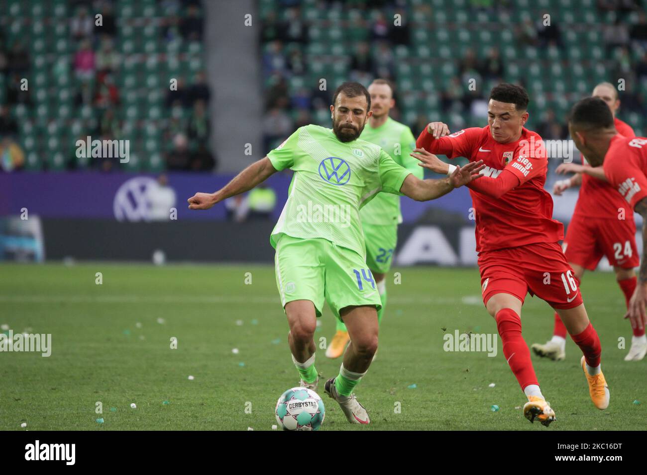 Admir Mehmedi of VfL Wolfsburg and Ruben Vargas of FC Augsburg battle for the ball during the Bundesliga match between VfL Wolfsburg and FC Augsburg at Volkswagen Arena on October 04, 2020 in Wolfsburg, Germany. (Photo by Peter Niedung/NurPhoto) Stock Photo