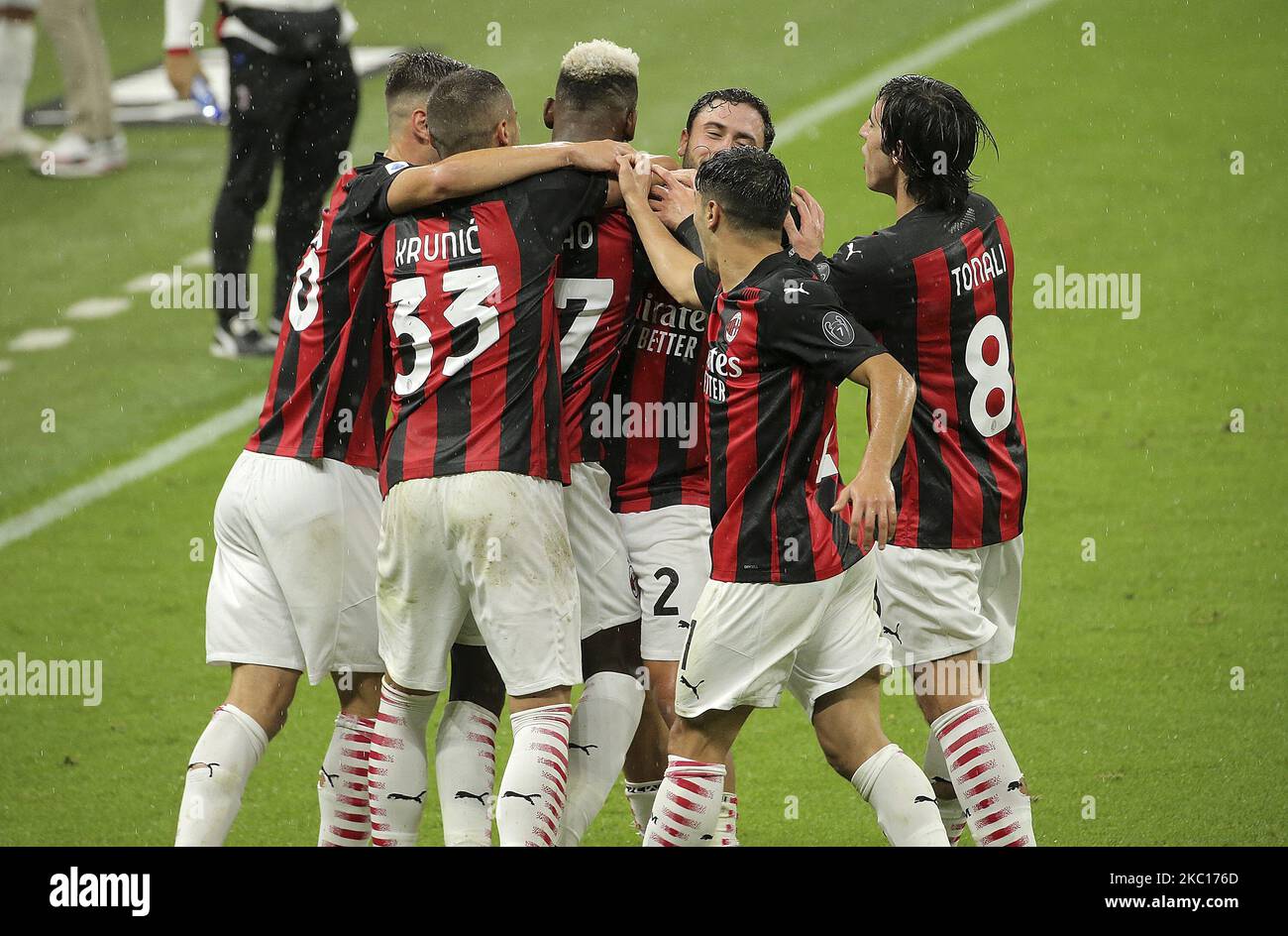 Rafael Leao of AC Milan celebrates with team-mates after scoring the ...