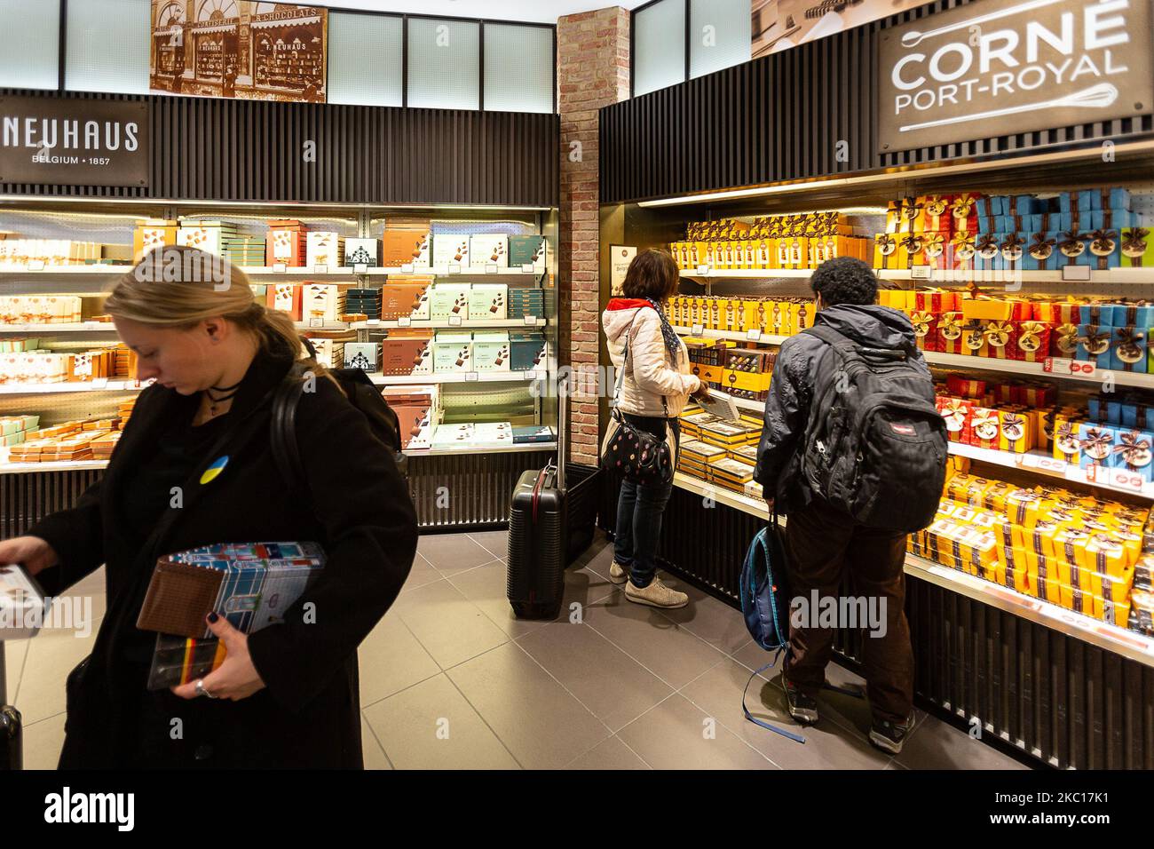 Illustration picture shows people buying chocolate at the duty free shop of Brussels Airport, in