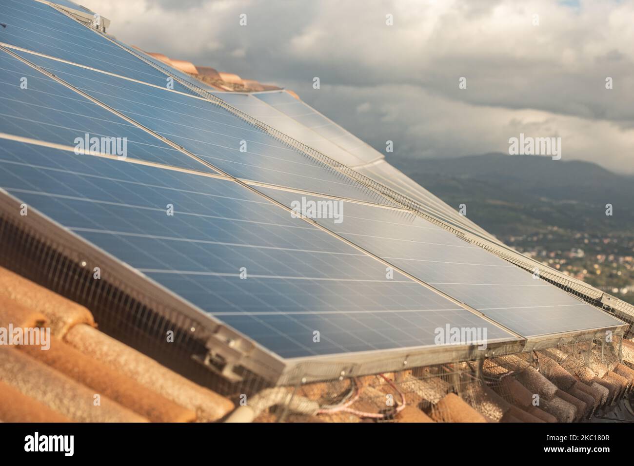 Photovoltaic (solar) panels on a building in L'Aquila, Italy, on October 5, 2020. On october 5 in Italy there is the possibility to ask the 110% superbonus for energy efficiency (Photo by Lorenzo Di Cola/NurPhoto) Stock Photo
