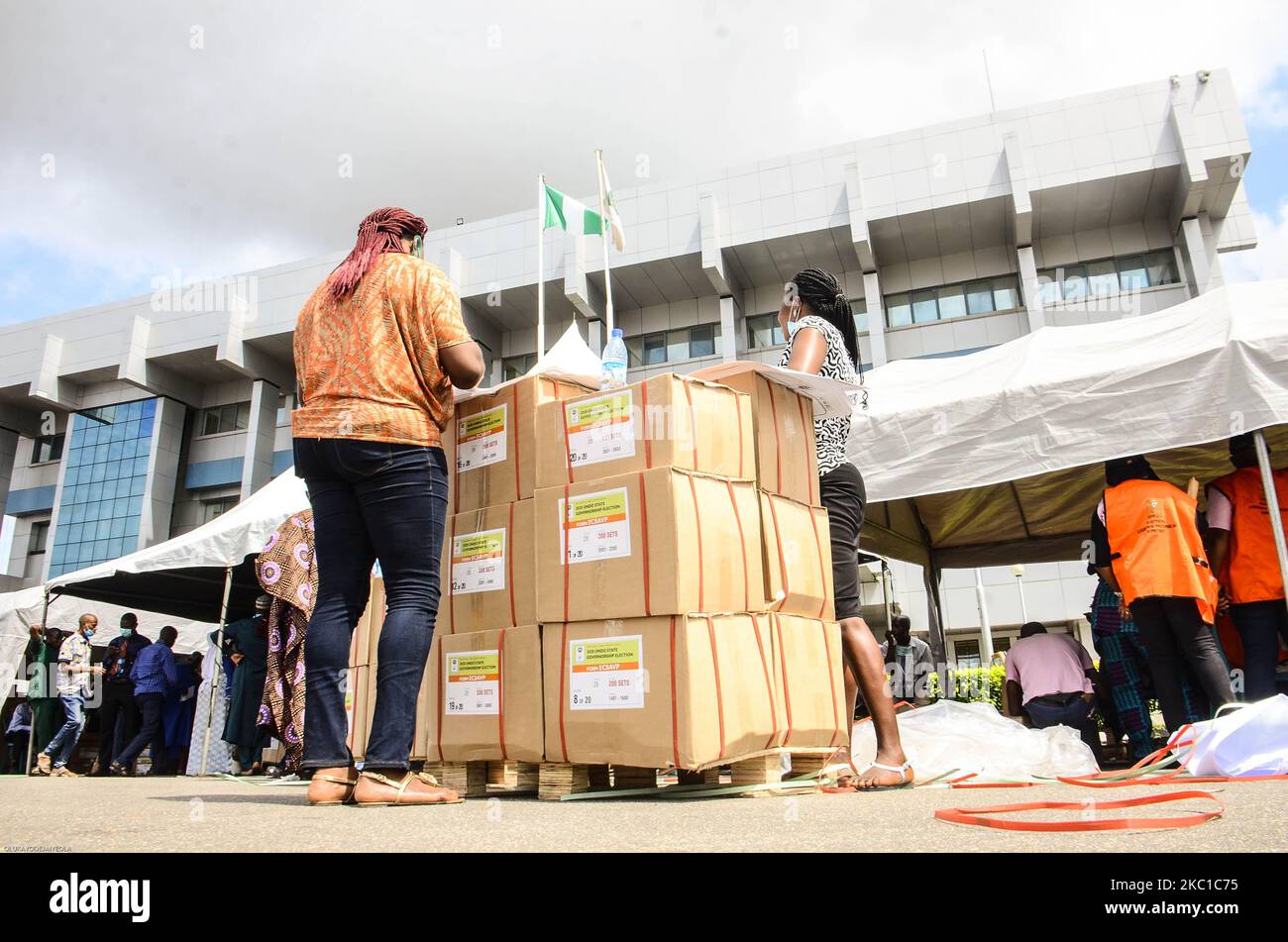 Officials of Independent National Electoral Commission sorting sensitive electoral materials, which is to distributed to different local government areas at the central Bank of Nigeria in Akure, Ondo State, on October 08, 2020 (Photo by Olukayode Jaiyeola/NurPhoto) Stock Photo