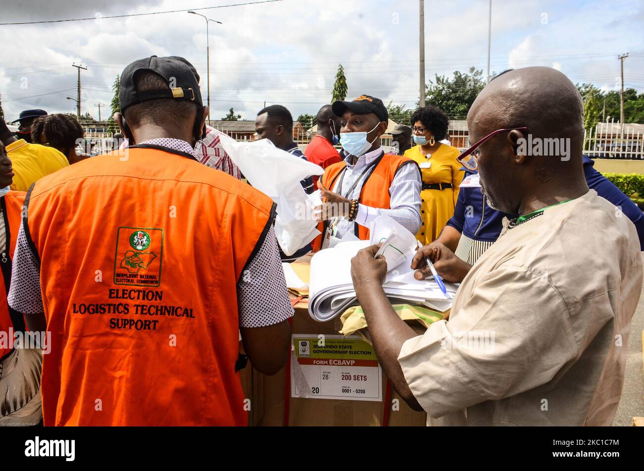 Officials of Independent National Electoral Commission sorting sensitive electoral materials, which is to distributed to different local government areas at the central Bank of Nigeria in Akure, Ondo State, on October 08, 2020. (Photo by Olukayode Jaiyeola/NurPhoto) Stock Photo