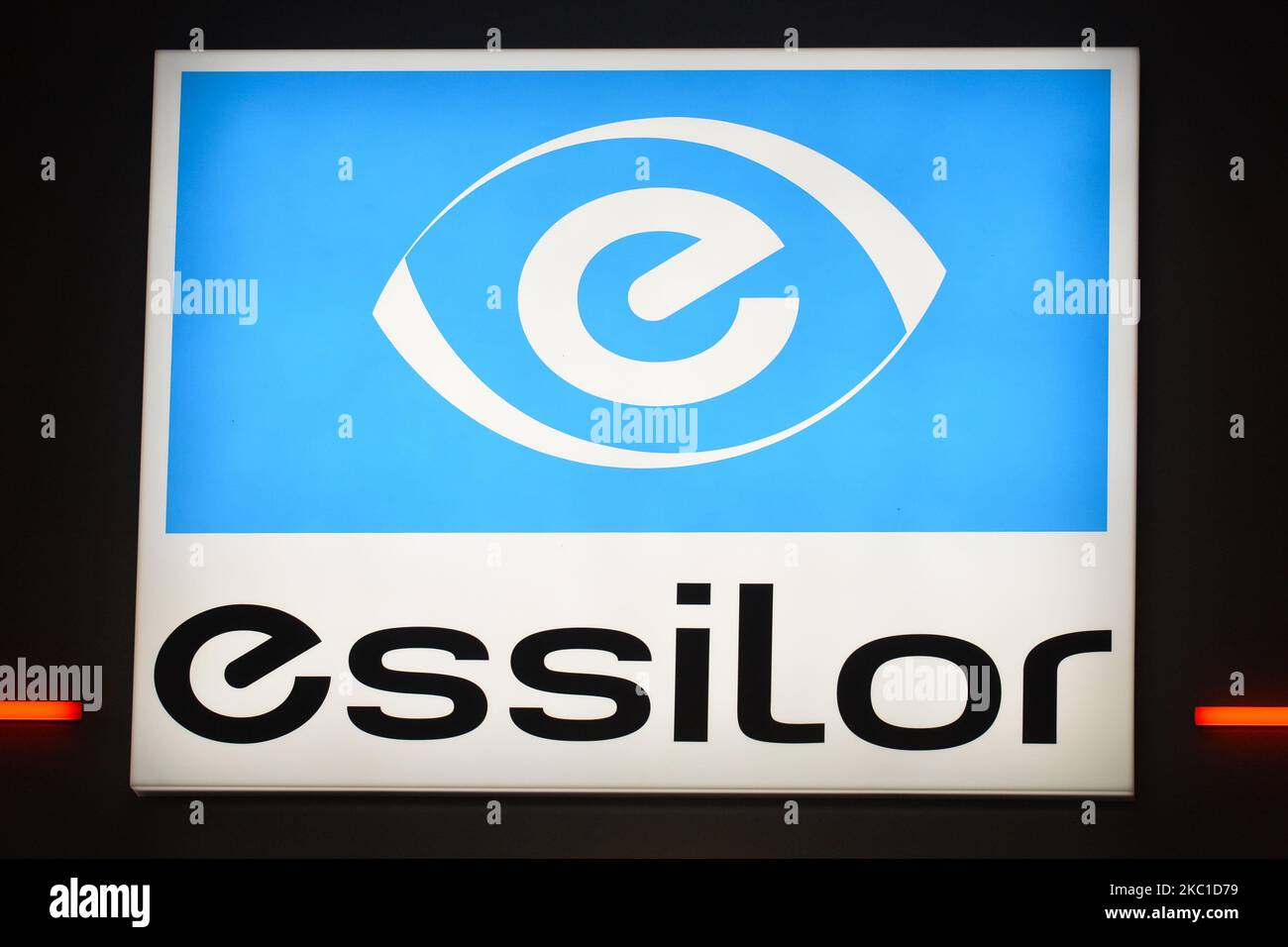 A logo of Essilor, the world leader in ophthalmic optics and a key player in visual health, seen in Sofia city center. On October 7, 2020, in Sofia, Bulgaria. (Photo by Artur Widak/NurPhoto) Stock Photo
