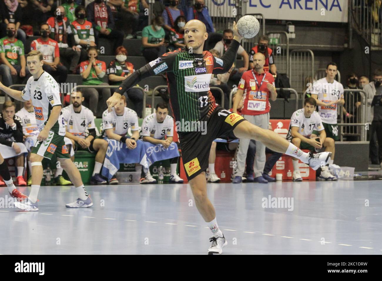 Tim Hornke of SC Magdeburg at the 7meter throw during the LIQUI MOLY