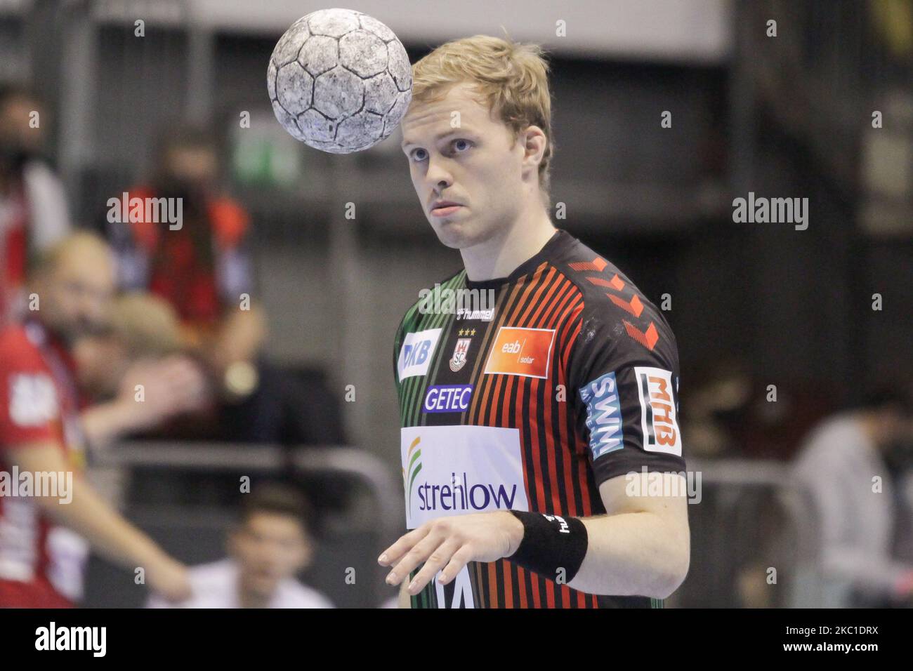 Omar Ingi Magnusson of SC Magdeburg looks on during the LIQUI MOLY Handball-Bundesliga match between SC Magdeburg and Frisch auf Goeppingen at GETEC-Arena on October 08, 2020 in Magdeburg, Germany. (Photo by Peter Niedung/NurPhoto) Stock Photo