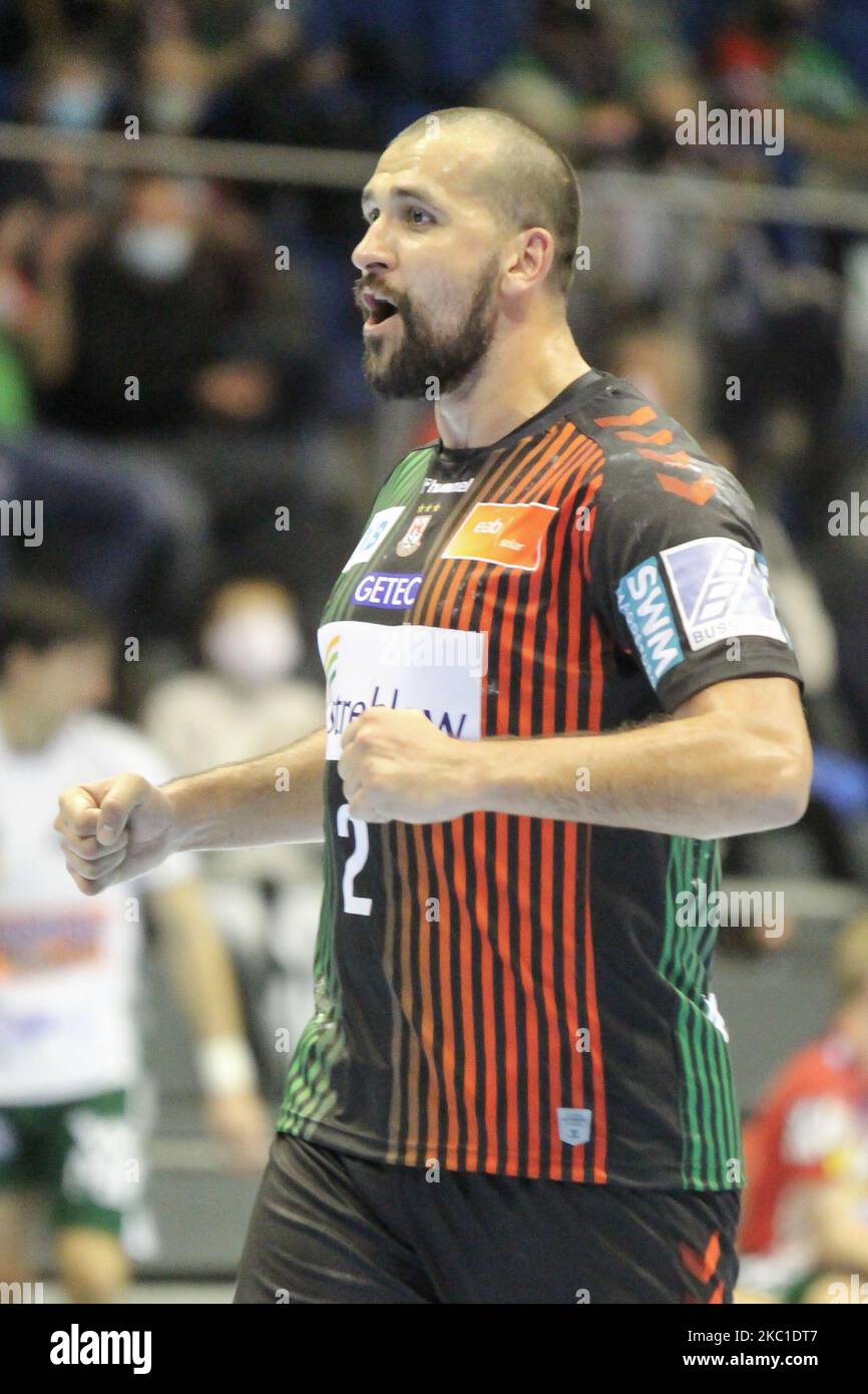 Zeljko Musa of SC Magdeburgis a celebrates a goal during the LIQUI MOLY Handball-Bundesliga match between SC Magdeburg and Frisch auf Goeppingen at GETEC-Arena on October 08, 2020 in Magdeburg, Germany. (Photo by Peter Niedung/NurPhoto) Stock Photo
