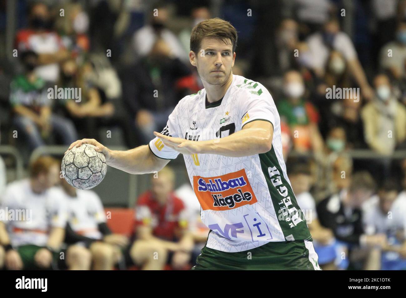 Tobias Ellebaek of Frisch Auf! Goeppingen controls the ball during the LIQUI MOLY Handball-Bundesliga match between SC Magdeburg and Frisch auf Goeppingen at GETEC-Arena on October 08, 2020 in Magdeburg, Germany. (Photo by Peter Niedung/NurPhoto) Stock Photo