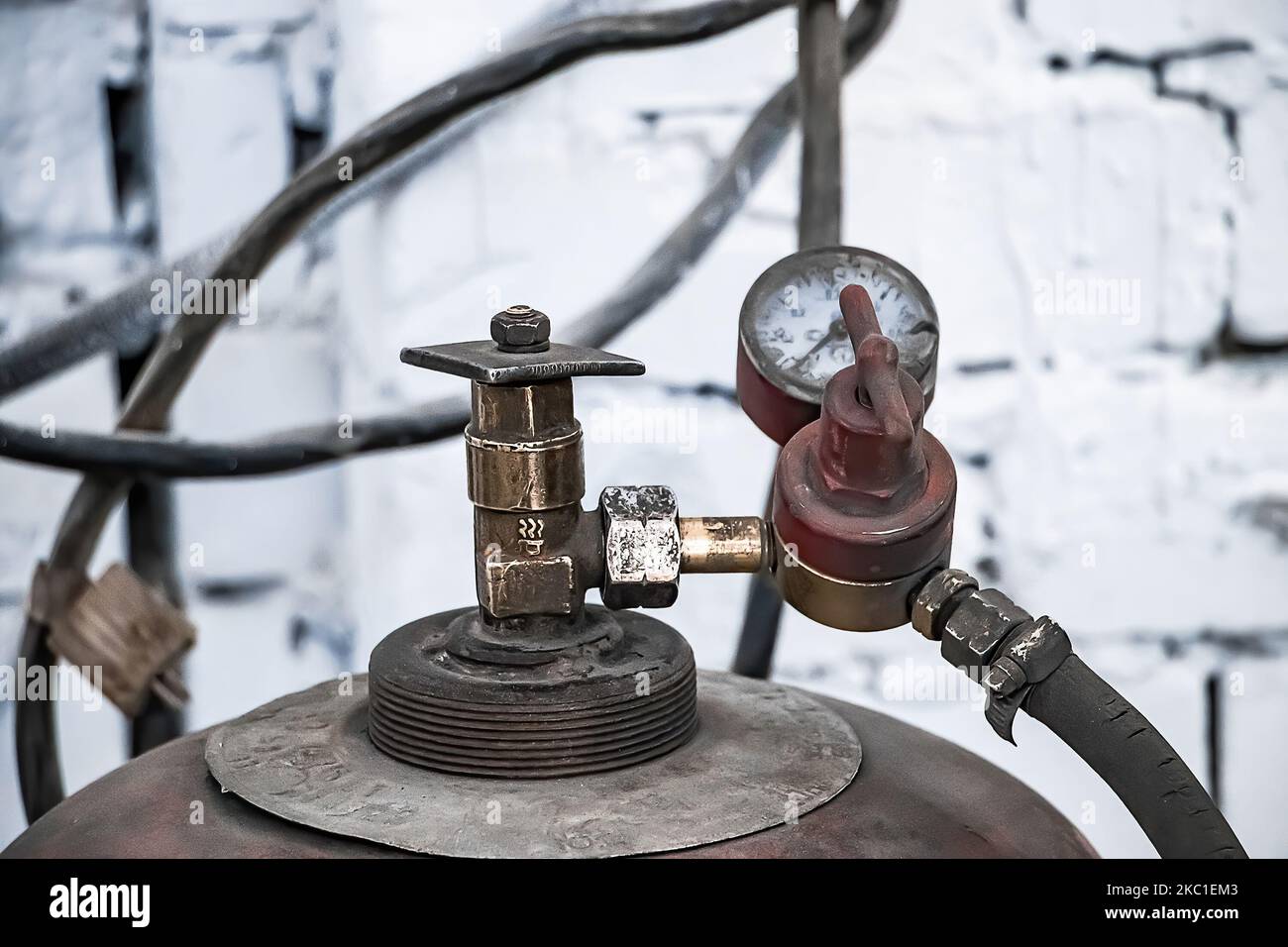 Old gas cylinders for welding and cutting. Rusty propane and oxygen