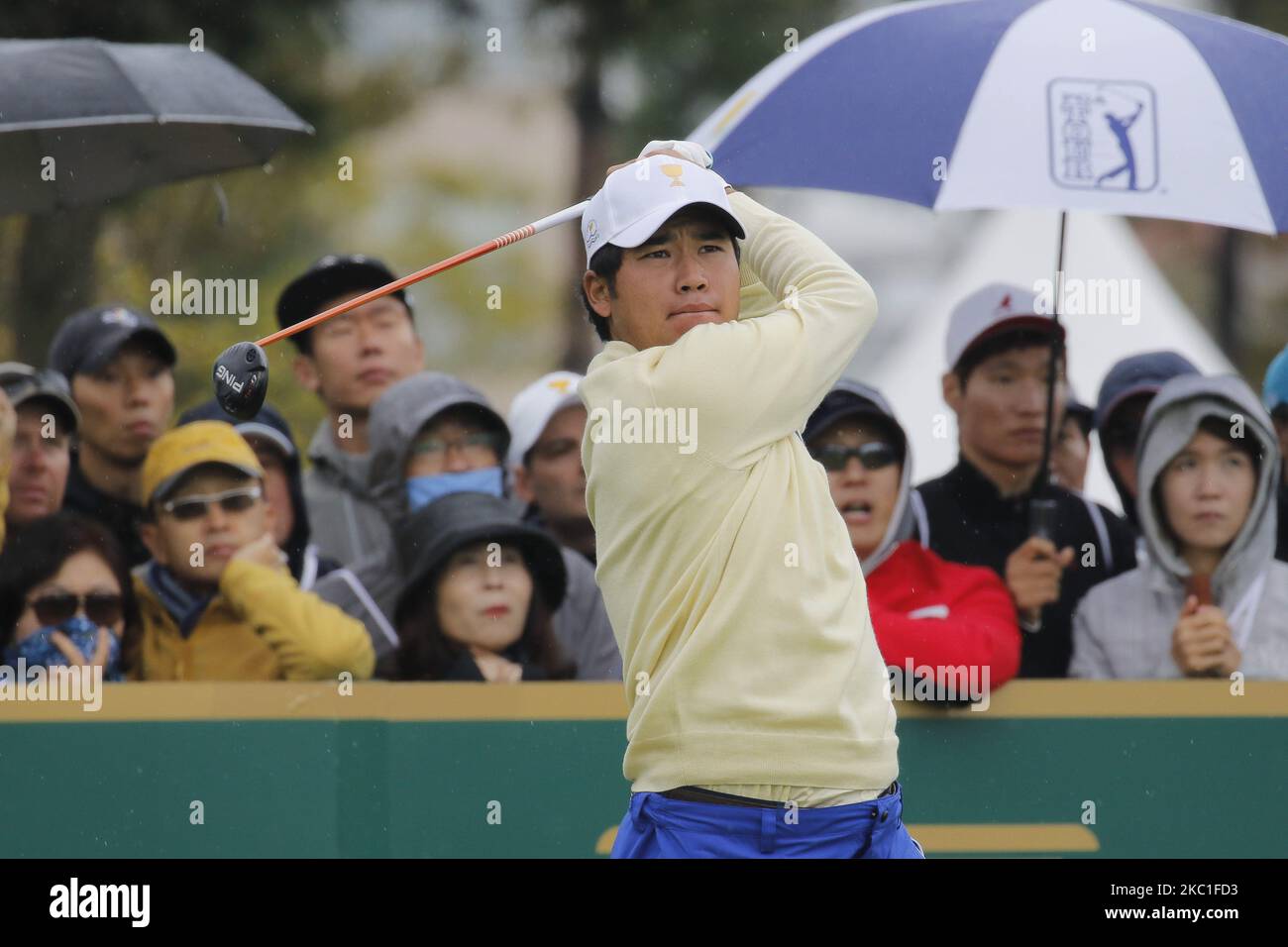 International Team Player Hideki Matsuyama action on the 4th tee during the PGA Tour President Cup Single Match at Jack Nicklaus GC in Incheon, South Korea on October 11, 2015. (Photo by Seung-il Ryu/NurPhoto) Stock Photo