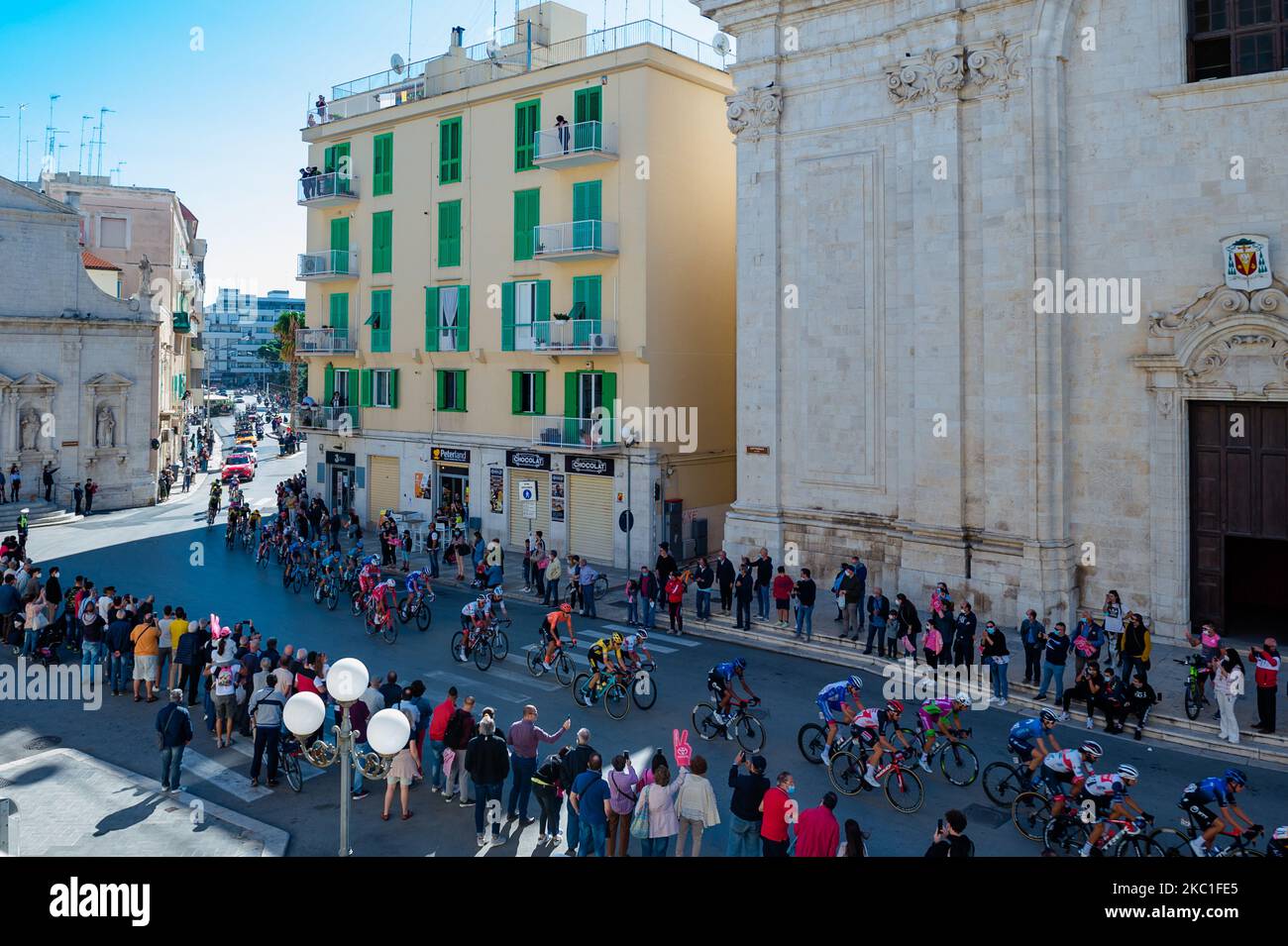 The peloton rides in Molfetta, Italy on 10 October 2020 during the 8th