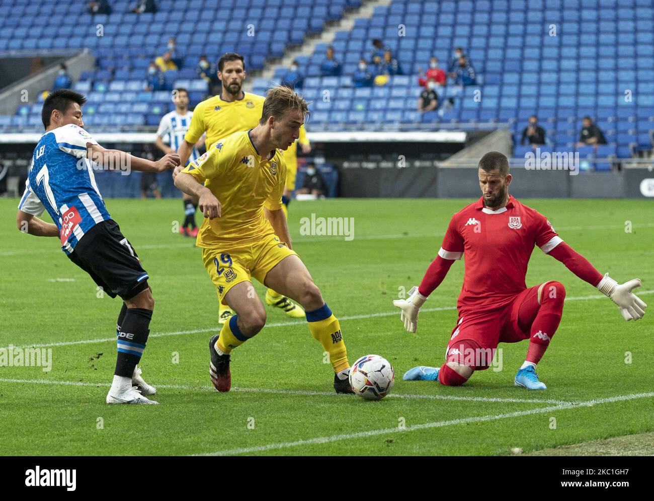 Wu Lei, Javier Castro and Daniel Jimenez during the match between RCD Espanyol and A.D. Alcorcon, corresponding to the week 5 ofvthe Liga Smartbank, played at the RCDE Stadium, on 10th October 2020, in Barcelona, Spain. (Photo by Urbanandsport/NurPhoto) Stock Photo