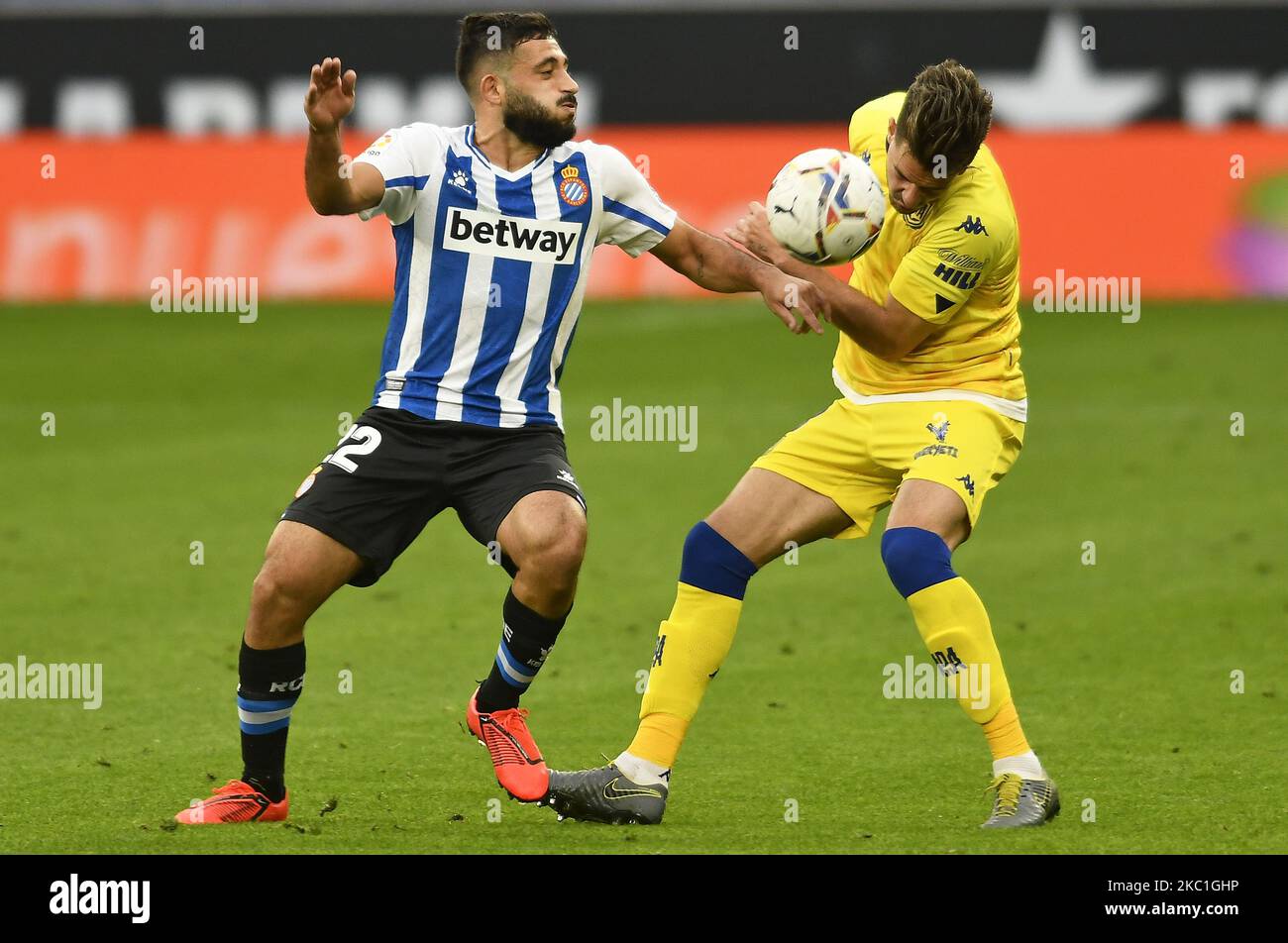 Matias Vargas and Jose Carlos Ramirez during the match between RCD Espanyol and A.D. Alcorcon, corresponding to the week 5 ofvthe Liga Smartbank, played at the RCDE Stadium, on 10th October 2020, in Barcelona, Spain. (Photo by Urbanandsport/NurPhoto) Stock Photo