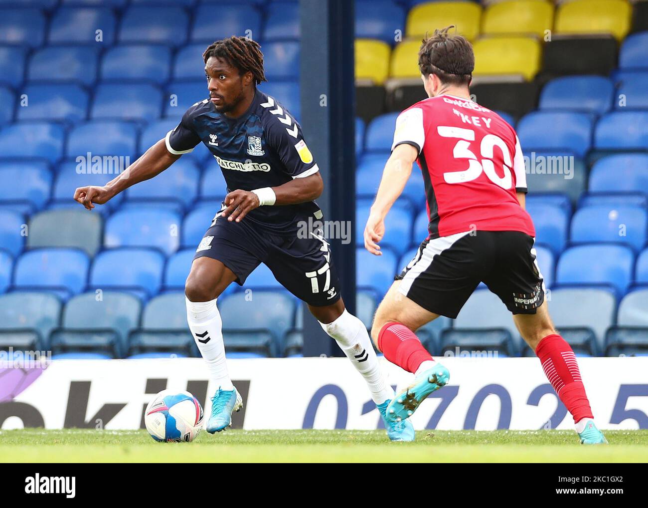 Kazaiah Sterling of Southend United taking on Josh Key of Exeter City during the Sky Bet League 2 match between Southend United and Exeter City at Roots Hall, Southend on Saturday 10th October 2020. (Photo by Jacques Feeney/MI News/NurPhoto) Stock Photo