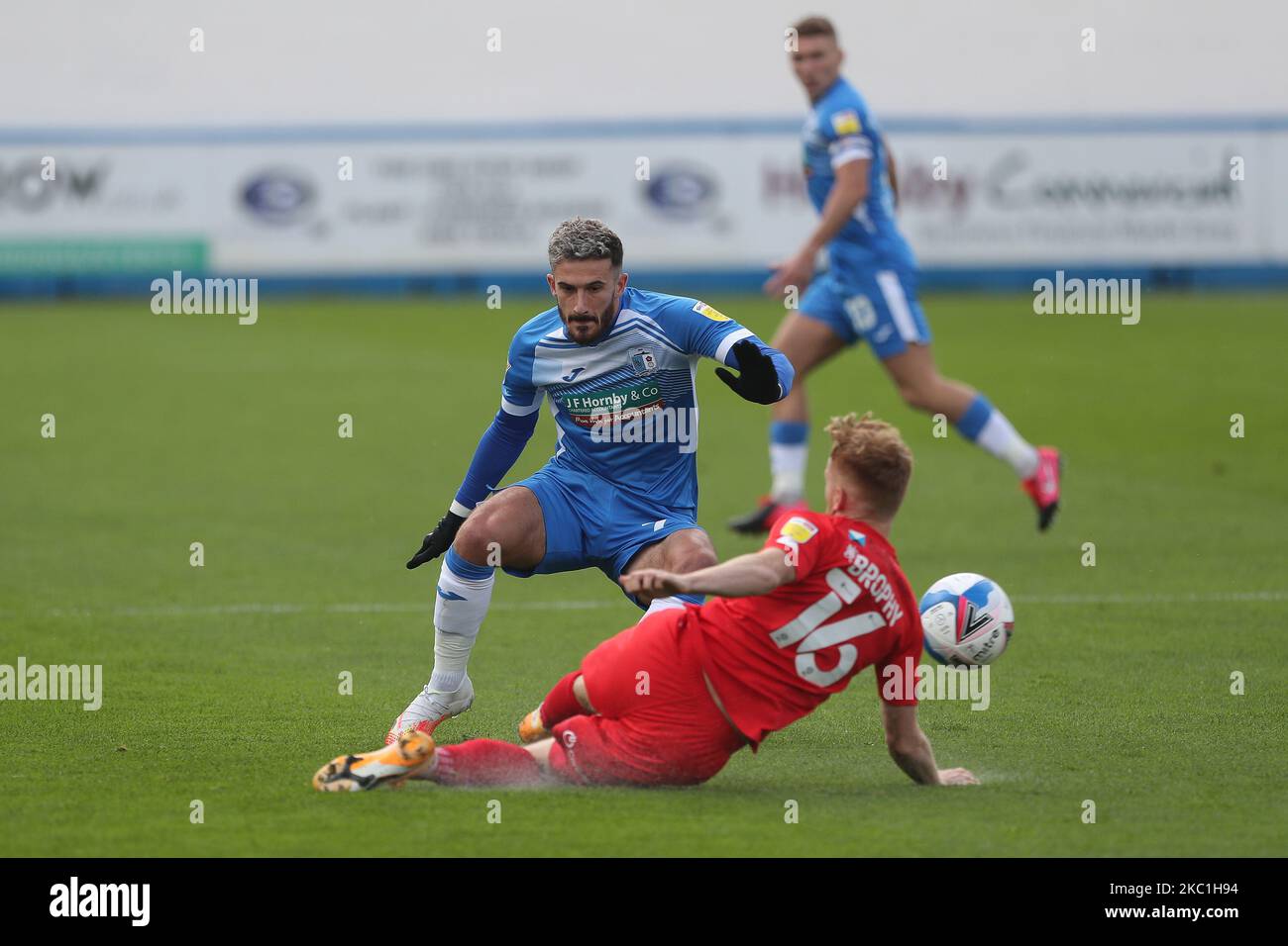 Barrow's Josh Kay in action with Leyton Orient's James Brophy during the Sky Bet League 2 match between Barrow and Leyton Orient at the Holker Street, Barrow-in-Furness on Saturday 10th October 2020. (Photo by Mark Fletcher/MI News/NurPhoto) Stock Photo
