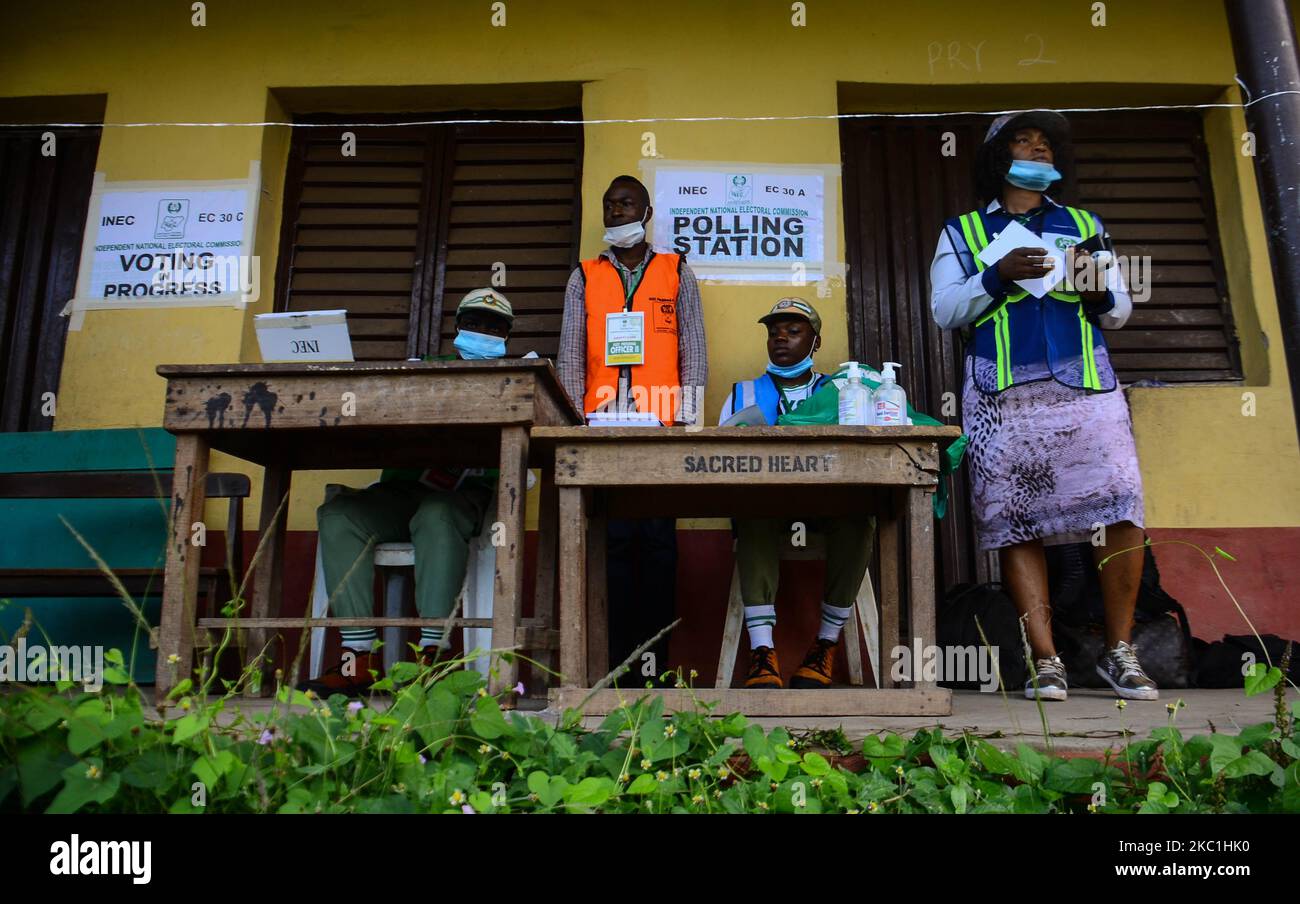 The official’s independence Electoral Commission addressing voters as Election is about to began at sacred heart primary in schoolGbogi/Isikan, in Akure South Ondo State on October 9, 2020. (Photo by Olukayode Jaiyeola/NurPhoto) Stock Photo