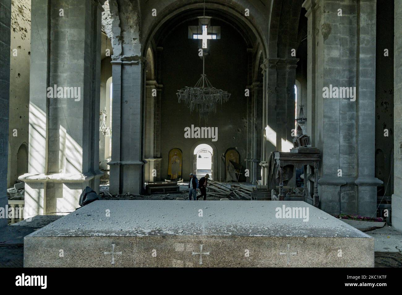 Altar of the destroyed Ghazanchetsots Cathedral in Shushi city, Nagorno Karabakh, after the Azerbaijan shelling of the church in a double attack on October 11, 2020. (Photo by Celestino Arce/NurPhoto) Stock Photo