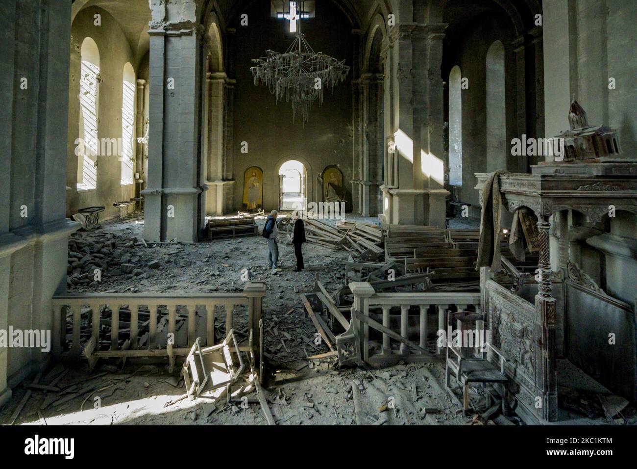 Destruction inside the Ghazanchetsots Cathedral in Shushi, Nagorno Karabakh, after the Azerbaijan shelling in a double attack to the building on October 11, 2020. (Photo by Celestino Arce/NurPhoto) Stock Photo